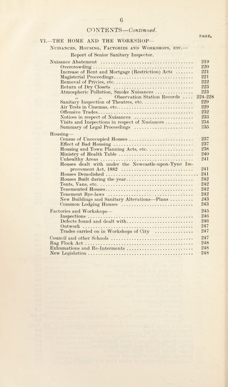 CONTENTS—Continued. PAGE. VI.—THE HOME AND THE WORKSHOP— Nuisances, Housing, Factories and Workshops, etc.— Report of Senior Sanitary Inspector. Nuisance Abatement . 219 Overcrowding. 220 Increase of Rent and Mortgage (Restriction) Acts . 221 Magisterial Proceedings. 221 Removal of Privies, etc. 222 Return of Dry Closets . 223 Atmospheric Pollution, Smoke Nuisances. 223 ,, ,, Observation Station Records .... 224-228 Sanitary Inspection of Theatres, etc. 229 Air Tests in Cinemas, etc. 229 Offensive Trades. 232 Notices in respect of Nuisances . 233 Visits and Inspections in respect of Nusiances. 234 Summary of Legal Proceedings . 235 Housing— Census of Unoccupied Houses. 237 Effect of Bad Housing. 237 Housing and Town Planning Acts, etc. 238 Ministry of Health Table. 240 Unhealthy Areas. 241 Houses dealt with under the Newcastle-upon-Tyne Im¬ provement Act, 1882 . 241 Houses Demolished. 241 Houses Built during the year. 242 Tents, Vans, etc. 242 Tenemented Houses. 242 Tenement Bye-laws . 242 New Buildings and Sanitary Alterations—Plans. 243 Common Lodging Houses . 243 Factories and Workshops— 245 Inspections. 246 Defects found and dealt with. 246 Outwork . 247 Trades carried on in Workshops of City . 247 Council and other Schools . 247 Rag Flock Act. 248 Exhumations and Re-Interments. 248 New Legislation. 248