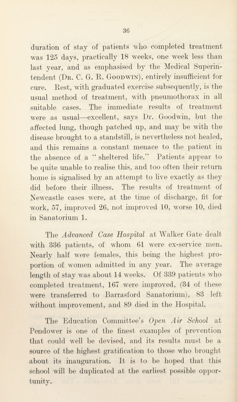 duration of stay of patients who completed treatment was 125 days, practically 18 weeks, one week less than last year, and as emphasised by the Medical Superin¬ tendent (Dr. C. G. R. Goodwin), entirely insufficient for cure. Rest, with graduated exercise subsequently, is the usual method of treatment, with pneumothorax in all suitable cases. The immediate results of treatment were as usual—excellent, says Dr. Goodwin, but the affected lung, though patched up, and may be with the disease brought to a standstill, is nevertheless not healed, and this remains a constant menace to the patient in the absence of a “ sheltered life.” Patients appear to be quite unable to realise this, and too often their return home is signalised by an attempt to live exactly as they did before their illness. The results of treatment of Newcastle cases were, at the time of discharge, fit for work, 57, improved 26, not improved 10, worse 10, died in Sanatorium 1. The Advanced Case Hospital at Walker Gate dealt with 886 patients, of whom 61 were ex-service men. Nearly half w7ere females, this being the highest pro¬ portion of women admitted in any year. The average length of stay was about 14 weeks. Of 889 patients who completed treatment, 167 were improved, (84 of these were transferred to Barrasford Sanatorium), 88 left without improvement, and 89 died in the Hospital. The Education Committee’s Open Air School at Pendower is one of the finest examples of prevention that could well be devised, and its results must be a source of the highest gratification to those who brought about its inauguration. It is to be hoped that this school will be duplicated at the earliest possible oppor¬ tunity.