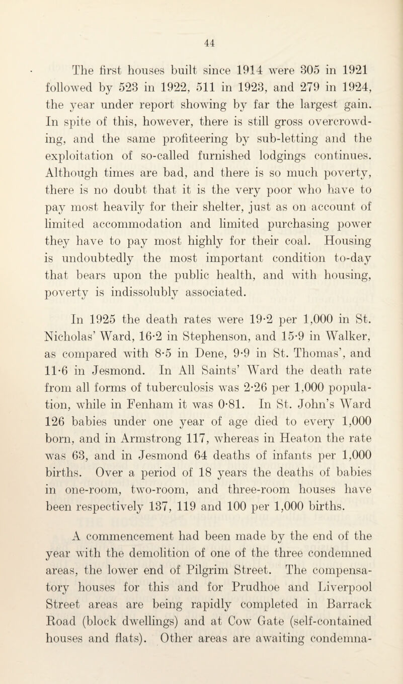 The first houses built since 1914 were B05 in 1921 followed by 523 in 1922, 511 in 1923, and 279 in 1924, the year under report showing by far the largest gain. In spite of this, however, there is still gross overcrowd¬ ing, and the same profiteering by sub-letting and the exploitation of so-called furnished lodgings continues. Although times are bad, and there is so much poverty, there is no doubt that it is the very poor who have to pay most heavily for their shelter, just as on account of limited accommodation and limited purchasing power they have to pay most highly for their coal. Housing is undoubtedly the most important condition to-day that bears upon the public health, and with housing, poverty is indissolubly associated. In 1925 the death rates were 19-2 per 1,000 in St. Nicholas’ Ward, 16-2 in Stephenson, and 15*9 in Walker, as compared with 8*5 in Dene, 9*9 in St. Thomas’, and 11-6 in Jesmond. In All Saints’ Ward the death rate from all forms of tuberculosis was 2*26 per 1,000 popula¬ tion, while in Fenham it was 0-81. In St. John’s Ward 126 babies under one year of age died to every 1,000 born, and in Armstrong 117, whereas in Heaton the rate was 63, and in Jesmond 64 deaths of infants per 1,000 births. Over a period of 18 years the deaths of babies in one-room, two-room, and three-room houses have been respectively 137, 119 and 100 per 1,000 births. A commencement had been made by the end of the year with the demolition of one of the three condemned areas, the lower end of Pilgrim Street. The compensa¬ tory houses for this and for Prudhoe and Liverpool Street areas are being rapidly completed in Barrack Road (block dwellings) and at Cow Gate (self-contained houses and flats). Other areas are awaiting condemna-