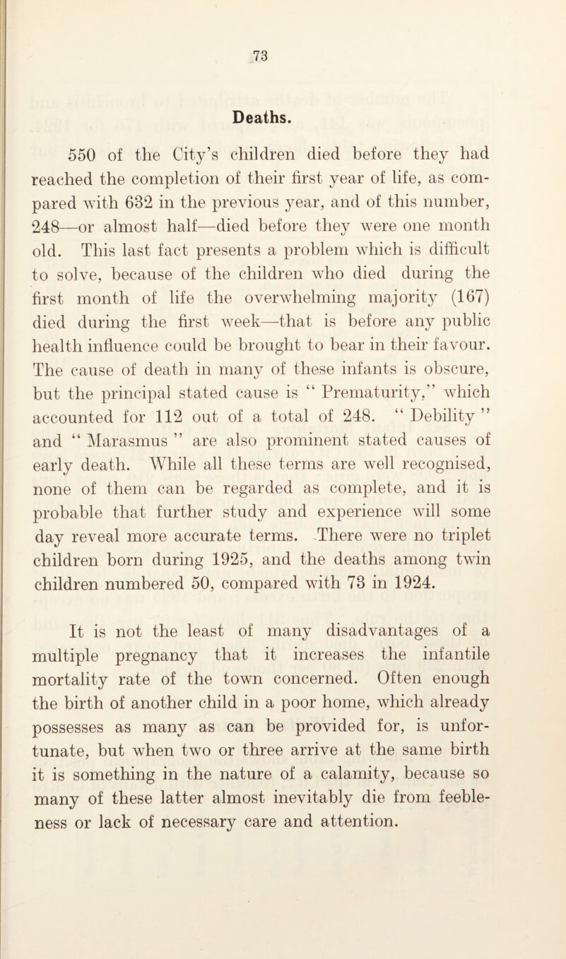 Deaths. 550 of the City’s children died before they had reached the completion of their first year of life, as com¬ pared with 6B2 in the previous year, and of this number, 248—or almost half—died before they were one month old. This last fact presents a problem which is difficult to solve, because of the children who died during the first month of life the overwhelming majority (167) died during the first week—that is before any public health influence could be brought to bear in their favour. The cause of death in many of these infants is obscure, but the principal stated cause is “ Prematurity,” which accounted for 112 out of a total of 248. “ Debility ” and “ Marasmus ” are also prominent stated causes of early death. While all these terms are well recognised, none of them can be regarded as complete, and it is probable that further study and experience will some day reveal more accurate terms. .There were no triplet children born during 1925, and the deaths among twin children numbered 50, compared with 78 in 1924. It is not the least of many disadvantages of a multiple pregnancy that it increases the infantile mortality rate of the town concerned. Often enough the birth of another child in a poor home, which already possesses as many as can be provided for, is unfor¬ tunate, but when two or three arrive at the same birth it is something in the nature of a calamity, because so many of these latter almost inevitably die from feeble¬ ness or lack of necessary care and attention.