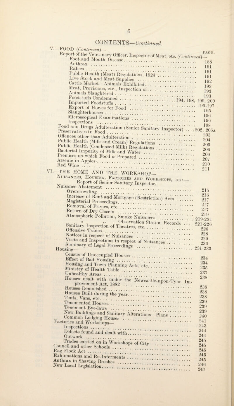 CONTENTS—Continued. V-—FOOD (Continued)— Report of the Veterinary Officer, Inspector of Meat, etc. (Continued)-01' Anthrax . . Rabies. . j(f j Public Health (Meat) Regulations,' 1924. m Live Stock and Meat Supplies .'. qo Cattle Market—Animals Exhibited.. 1 qo Meat, Provisions, etc., Inspection of.. . . . mo Animals Slaughtered.. Foodstuffs Condemned..194 *iQR’ l qq one Imported Foodstuffs.] ].I94’ 198> ““ Export of Horses for Food .’ ’ ’ .. iqr Slaughterhouses. , Microscopical Examinations .. Inspections ... . j Preservative^ni ^0d0uJteration (Senior Sanitary Inspector) .. .'.202, 206a Offences other than Adulteration ... Public Health (Milk and Cream) Regulations' *. frC Public Health (Condensed Milk) Regulations ... . ££ Bacterial Impurity of Milk and Water . Premises on which Food is Prepared ... . Arsenic in Apples. . Red Wine. 210 VI.—THE HOME AND THE WORKSHOP— Nuisances, Housing, Factories and Workshops etc — . Report of Senior Sanitary Inspector JNuisance Abatement . Overcrowding.. 215 Increase of Rent and Mortgage (Restriction) Acts. o! - Magisterial Proceedings. . j}1 Removal of Privies, etc. .‘ Return of Dry Closets .. ’ .. “} ‘ Atmospheric Pollution, Smoke Nuisances '.'.' .' ].*] ]' ] ] ] 219.221 o ” T ” Observation Station Records .. 221-225 Sanitary Inspection of Theatres, etc. Offensive Trades. . 22() Notices in respect of Nuisances . 228 Visits and Inspections in respect of Nuisances .'.'.' eon Summary of Legal Proceedings .... 001 000 Housing— . Census of Unoccupied Houses .... fto. Effect of Bad Housing. .* * ^34 Housing and Town Planning Acts,' etc.. S Ministry of Health Table.’ .. Unhealthy Areas. 22 y Houses dealt with under the Newcastle-upon-Tvne Im Houses Demolished. 228 Houses Built during the year. S Tents, Vans, etc. . .  Tenemented Houses.. Tenement Bye-laws . * New Buildings and Sanitary'Aite'rations-PIans' ]. Common Lodging Houses .... ™ Factories and Workshops— 24 J Inspections. 243 Defects found and dealt with. off Outwork . 244 Trades carried on in Workshops' of Citv. It5 Council and other Schools. 246 Rag Flock Act. 245 Exhumations and Re-Interments. off Anthrax in Shaving Brushes 24^ New Local Legislation. 24(3 ’ .. 247