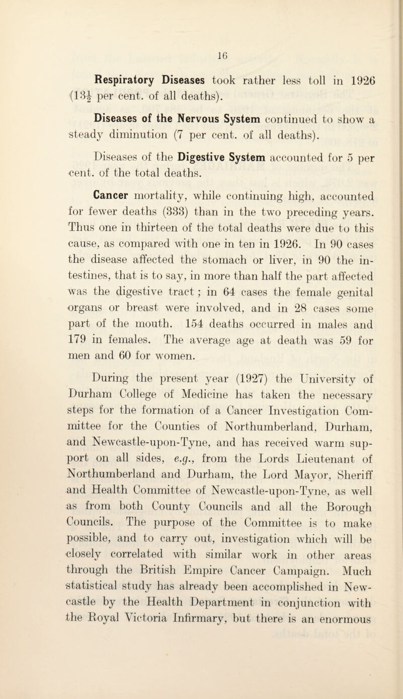 Respiratory Diseases took rather less toll in 1926 (13| per cent, of all deaths). Diseases of the Nervous System continued to show a steady diminution (7 per cent, of all deaths). Diseases of the Digestive System accounted for 5 per cent, of the total deaths. Cancer mortality, while continuing high, accounted for fewer deaths (333) than in the two preceding years. Thus one in thirteen of the total deaths were due to this cause, as compared with one in ten in 1926. In 90 cases the disease affected the stomach or liver, in 90 the in¬ testines, that is to say, in more than half the part affected was the digestive tract ; in 64 cases the female genital organs or breast were involved, and in 28 cases some part of the mouth. 154 deaths occurred in males and 179 in females. The average age at death was 59 for men and 60 for women. During the present year (1927) the University of Durham College of Medicine has taken the necessary steps for the formation of a Cancer Investigation Com¬ mittee for the Counties of Northumberland, Durham, and Newcastle-upon-Tyne, and has received warm sup¬ port on all sides, e.g., from the Lords Lieutenant of Northumberland and Durham, the Lord Mayor, Sheriff and Health Committee of Newcastle-upon-Tyne, as well as from both County Councils and all the Borough Councils. The purpose of the Committee is to make possible, and to carry out, investigation which will be closely correlated with similar work in other areas through the British Empire Cancer Campaign. Much statistical study has already been accomplished in New¬ castle by the Health Department in conjunction with the Royal Victoria Infirmary, but there is an enormous