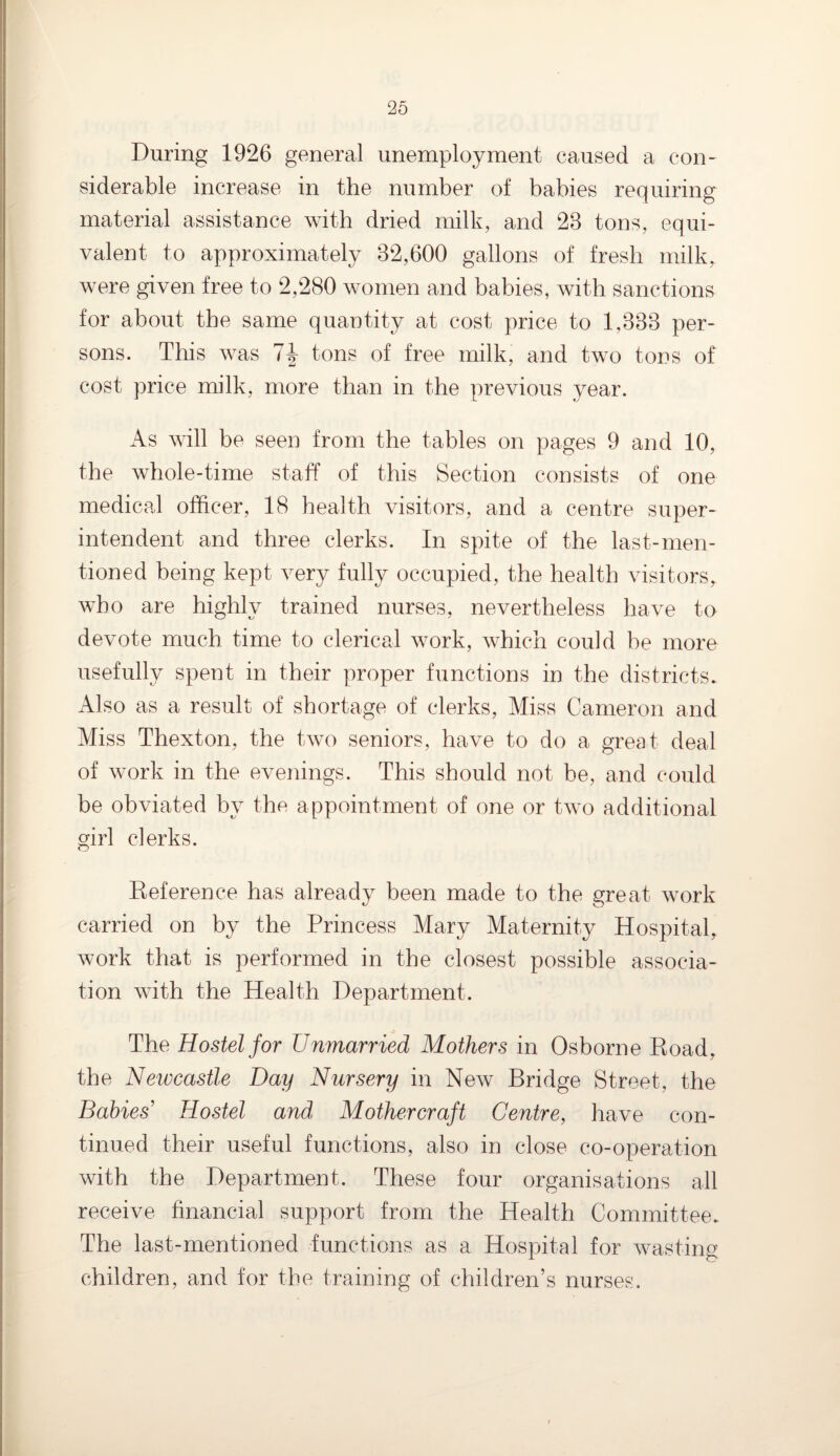 During 1926 general unemployment caused a con¬ siderable increase in the number of babies requiring material assistance with dried milk, and 28 tons, equi¬ valent to approximately 82,600 gallons of fresh milk, were given free to 2,280 women and babies, with sanctions for about the same quantity at cost price to 1,883 per¬ sons. This was 7T tons of free milk, and two tons of cost price milk, more than in the previous year. As will be seen from the tables on pages 9 and 10, the whole-time staff of this Section consists of one medical officer, 18 health visitors, and a centre super¬ intendent and three clerks. In spite of the last-men¬ tioned being kept very fully occupied, the health visitors, who are highly trained nurses, nevertheless have to devote much time to clerical work, which could be more usefully spent in their proper functions in the districts. Also as a result of shortage of clerks, Miss Cameron and Miss Thexton, the two seniors, have to do a great deal of work in the evenings. This should not be, and could be obviated by the appointment of one or two additional girl clerks. Reference has already been made to the great work carried on by the Princess Mary Maternity Hospital, work that is performed in the closest possible associa¬ tion with the Health Department. The Hostel for Unmarried Mothers in Osborne Road, the Newcastle Day Nursery in New Bridge Street, the Babies’ Hostel and Mothercraft Centre, have con¬ tinued their useful functions, also in close co-operation with the Department. These four organisations all receive financial support from the Health Committee. The last-mentioned functions as a Hospital for wasting children, and for the training of children’s nurses.