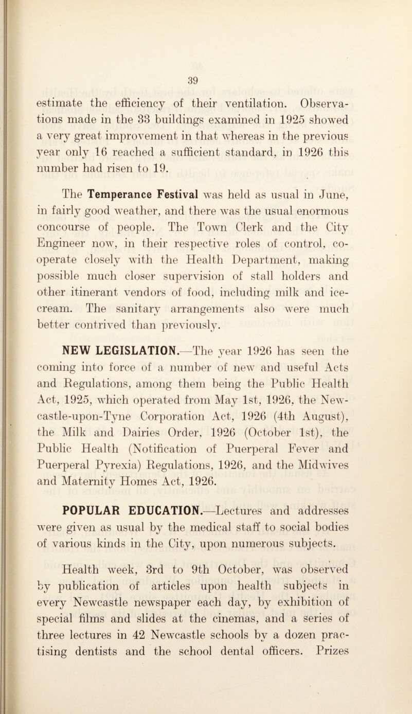 estimate the efficiency of their ventilation. Observa¬ tions made in the 83 buildings examined in 1925 showed a very great improvement in that whereas in the previous year only 16 reached a sufficient standard, in 1926 this number had risen to 19. The Temperance Festival was held as usual in June, in fairly good weather, and there was the usual enormous concourse of people. The Town Clerk and the City Engineer now, in their respective roles of control, co¬ operate closely with the Health Department, making possible much closer supervision of stall holders and other itinerant vendors of food, including milk and ice¬ cream. The sanitary arrangements also were much better contrived than previously. NEW LEGISLATION.—The year 1926 has seen the coming into force of a number of new and useful Acts and Regulations, among them being the Public Health Act, 1925, which operated from May 1st, 1926, the New¬ castle-upon-Tyne Corporation Act, 1926 (4th August), the Milk and Dairies Order, 1926 (October 1st), the Public Health (Notification of Puerperal Fever and Puerperal Pyrexia) Regulations, 1926, and the Mid wives and Maternity Homes Act, 1926. POPULAR EDUCATION.—Lectures and addresses were given as usual by the medical staff to social bodies of various kinds in the City, upon numerous subjects. Health week, 3rd to 9th October, was observed by publication of articles upon health subjects in every Newcastle newspaper each day, by exhibition of special films and slides at the cinemas, and a series of three lectures in 42 Newcastle schools by a dozen prac¬ tising dentists and the school dental officers. Prizes