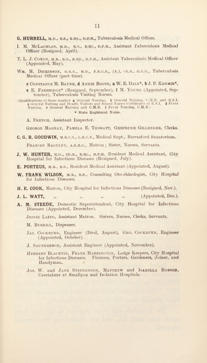G. HURRELL, m.d., b.s., B.Hy., d.p.h., Tuberculosis Medical Officer. I. M. McLachlan, m.d., b.s., B.Hy., d.p.h., Assistant Tuberculosis Medical Officer (Resigned, April). T. L. J. Coxon, m.b., b.s., B.Hy., d.p.h., Assistant Tuberculosis Medical Officer (Appointed, May). Wm. H. Dickinson, o.b.e., m.d., f.r.c.p., (e.), ch.B., d.p.h., Tuberculosis Medical Officer (part time). e Constance M. Bayne, d Annie Booth, a W. E. Dale*, b J. P. Kenmer*, e E. Farbridge* (Resigned, September), f M. Young (Appointed, Sep¬ tember), Tuberculosis Visiting Nurses. (Qualifications of those marked a General Nursing, b General Nursing, C.M.B. and R.S.I. c General Nursing and Health Visitors and School Nurses Certificates of R.S.I. d Fever Nursing, e General Nursing and C.M.B. f Fever Nursing, C.M.B.) * State Registered Nurse. A. French, Assistant Inspector. George Magnay, Pamela E. Thoratt, Gertrude Gillender, Clerks. C. G. R. GOODWIN, m.r.c.s., l.r.c.p., Medical Supt., Barrasford Sanatorium. Frances Baguley, a.r.r.c., Matron ; Sister, Nurses, Servants. J. W. HUNTER, m.d., ch.B., B.Hy., d.p.h. Resident Medical Assistant, City Hospital for Infectious Diseases (Resigned, July). E. PORTEUS, m.b., b.s., Resident Medical Assistant (Appointed, August). W. FRANK WILSON, m.b., b.s., Consulting Oto-rhinologist, City Hospital for Infectious Diseases. H. E. COOK, Matron, City Hospital for Infectious Diseases (Resigned, Nov.). J. L. WATT, „ „ „ „ (Appointed, Dec.). A. M. STEEDE, Domestic Superintendent, City Hospital for Infectious Diseases (Appointed, December). Jessie Laing, Assistant Matron. Sisters, Nurses, Clerks, Servants. M. Burrill, Dispenser. Jas. Cockburn, Engineer (Died, August), Geo. Cockburn, Engineer (Appointed, October). J. Saundebson, Assistant Engineer (Appointed, November). Herbert Blacktin, Frank Harrington, Lodge Keepers, City Hospital for Infectious Diseases. Firemen, Porters, Gardeners, Joiner, and Handyman. Jos. W. and Jane Stephenson, Matthew and Isabella Robson, Caretakers at Smallpox and Isolation Hospitals.