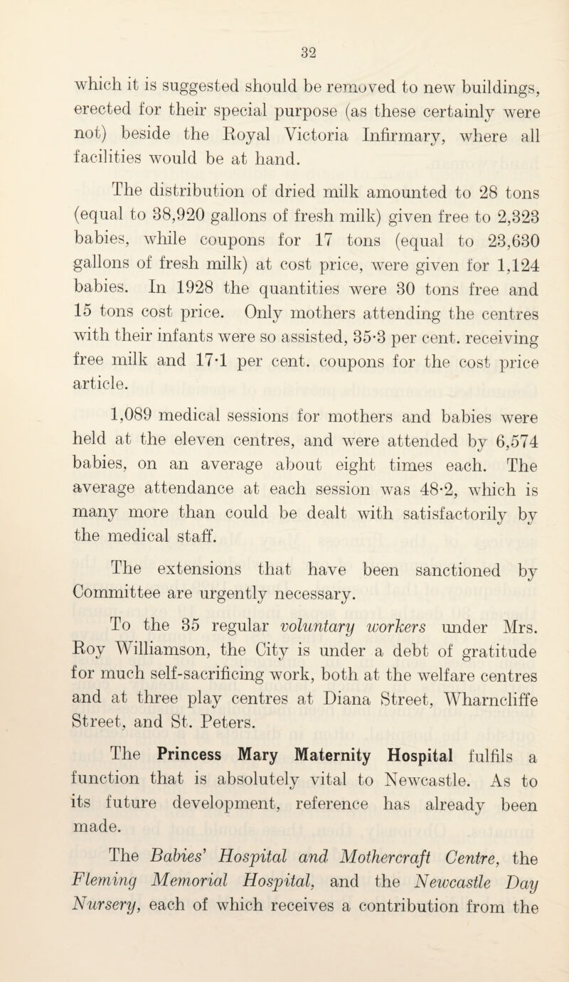 which it is suggested should be removed to new buildings, erected for their special purpose (as these certainly were not) beside the Royal Victoria Infirmary, where all facilities would be at hand. The distribution of dried milk amounted to 28 tons (equal to 88,920 gallons of fresh milk) given free to 2,828 babies, while coupons for 17 tons (equal to 23,630 gallons of fresh milk) at cost price, were given for 1,124 babies. In 1928 the quantities were 30 tons free and 15 tons cost price. Only mothers attending the centres with their infants were so assisted, 35-3 per cent, receiving free milk and 17*1 per cent, coupons for the cost price article. 1,089 medical sessions for mothers and babies were held at the eleven centres, and were attended by 6,574 babies, on an average about eight times each. The average attendance at each session was 48-2, which is many more than could be dealt with satisfactorily by the medical staff. The extensions that have been sanctioned by Committee are urgently necessary. To the 35 regular voluntary workers under Mrs. Roy Vvilliamson, the City is under a debt of gratitude for much self-sacrificing work, both at the welfare centres and at three play centres at Diana Street, Wharncliffe Street, and St. Peters. The Princess Mary Maternity Hospital fulfils a function that is absolutely vital to Newcastle. As to its future development, reference has already been made. The Babies’ Hospital and Mothercrajt Centre, the Fleming Memorial Hospital, and the Newcastle Day Nursery, each of which receives a contribution from the