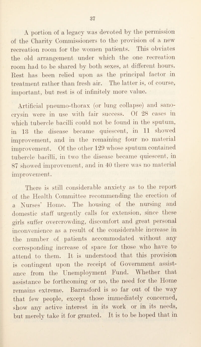A portion of a legacy was devoted by the permission of the Charity Commissioners to the provision of a new recreation room for the women patients. This obviates the old arrangement under which the one recreation room had to be shared by both sexes, at different hours. Best has been relied upon as the principal factor in treatment rather than fresh air. The latter is, of course, important, but rest is of infinitely more value. Artificial pneumo-thorax (or lung collapse) and sano- crysin were in use with fair success. Of 28 cases in which tubercle bacilli could not be found in the sputum, in 18 the disease became quiescent, in 11 showed improvement, and in the remaining four no material improvement. Of the other 129 whose sputum contained tubercle bacilli, in two the disease became quiescent, in 87 showed improvement, and in 40 there was no material improvement. There is still considerable anxiety as to the report of the Health Committee recommending the erection of a Nurses’ Home. The housing of the nursing and domestic staff urgently calls for extension, since these girls suffer overcrowding, discomfort and great personal inconvenience as a result of the considerable increase in the number of patients accommodated without any corresponding increase of space for those who have to attend to them. It is understood that this provision is contingent upon the receipt of Government assist¬ ance from the Unemployment Fund. Whether that assistance be forthcoming or no, the need for the Home remains extreme. Barrasford is so far out of the way that few people, except those immediately concerned, show any active interest in its work or in its needs, but merely take it for granted. It is to be hoped that in