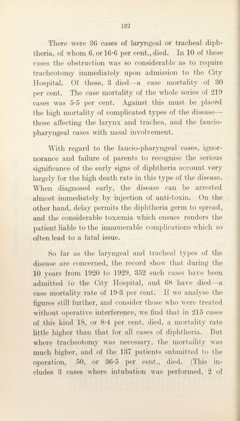 There were 86 cases of laryngeal or tracheal diph¬ theria, of whom 6, or 16*6 per cent., died. In 10 of these cases the obstruction was so considerable as to require tracheotomy immediately upon admission to the City Hospital. Of these, 8 died—a case mortality of 80 per cent. The case mortality of the whole series of 219 cases was 5-5 per cent. Against this must be placed the high mortality of complicated types of the disease— those affecting the larynx and trachea, and the faucio- pharyngeal cases with nasal involvement. With regard to the faucio-pharyngeal cases, ignor- norance and failure of parents to recognise the serious significance of the early signs of diphtheria account very largely for the high death rate in this type of the disease. When diagnosed early, the disease can be arrested almost immediately by injection of anti-toxin. On the other hand, delay permits the diphtheria germ to spread, and the considerable toxaemia which ensues renders the patient liable to the innumerable complications which so often lead to a fatal issue. So far as the laryngeal and tracheal types of the disease are concerned, the record show that during the 10 vears from 1920 to 1929, 852 such cases have been ts admitted to the City Hospital, and 68 have died—a case mortality rate of 19*3 per cent. If we analyse the figures still further, and consider those who were treated without operative interference, we find that in 215 cases of this kind 18, or 8-4 per cent, died, a mortality rate little higher than that for all cases of diphtheria. But where tracheotomy was necessary, the mortaility was much higher, and of the 137 patients submitted to the operation, 50, or 36-5 per cent., died. (This in¬ cludes 3 cases where intubation was performed, 2 of