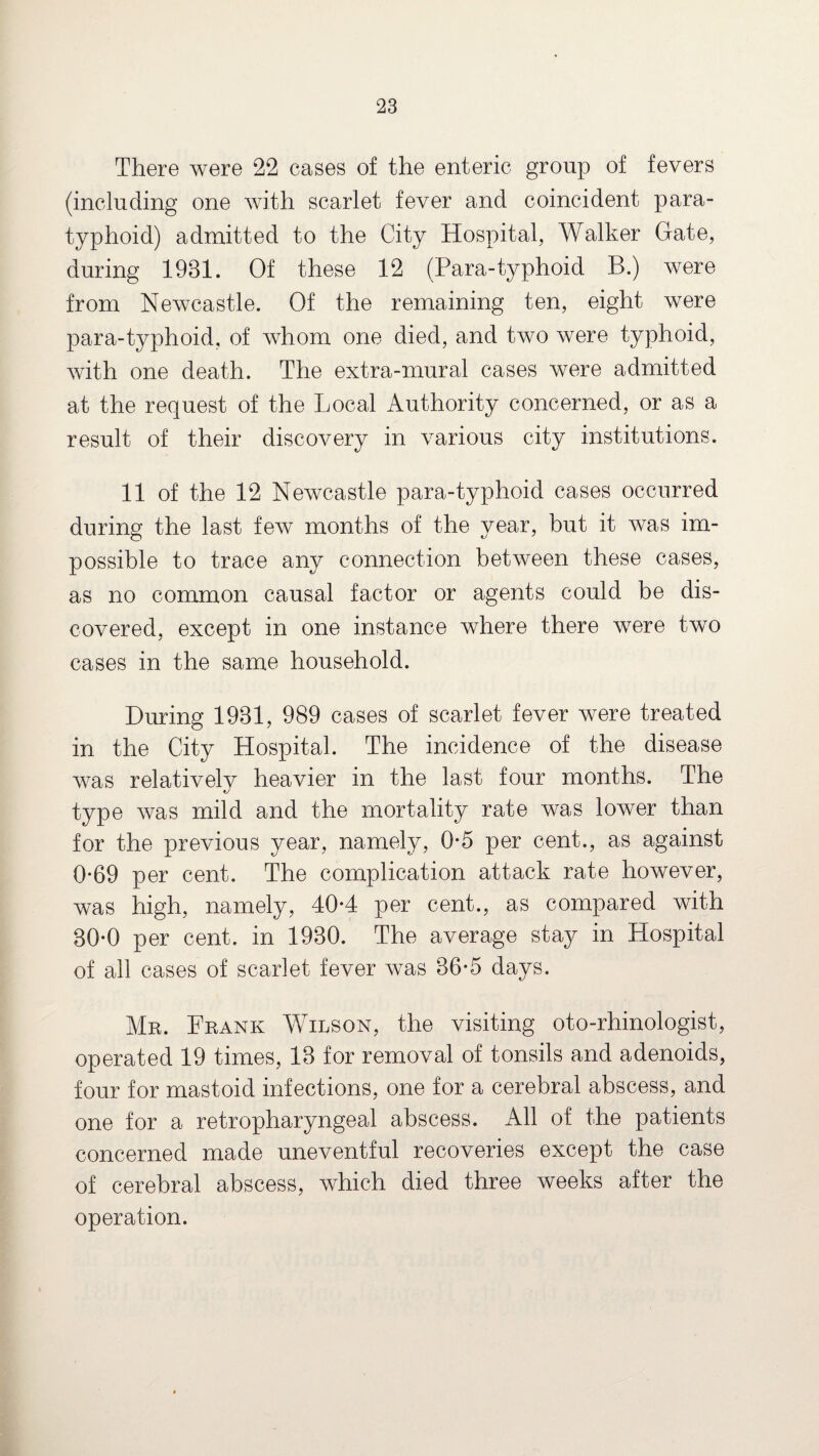 There were 22 cases of the enteric group of fevers (including one with scarlet fever and coincident para¬ typhoid) admitted to the City Hospital, Walker Gate, during 1981. Of these 12 (Para-typhoid B.) were from Newcastle. Of the remaining ten, eight were para-typhoid, of whom one died, and two were typhoid, with one death. The extra-mural cases were admitted at the request of the Local Authority concerned, or as a result of their discovery in various city institutions. 11 of the 12 Newcastle para-typhoid cases occurred during the last few months of the year, but it was im¬ possible to trace any connection between these cases, as no common causal factor or agents could be dis¬ covered, except in one instance where there were two cases in the same household. During 1981, 989 cases of scarlet fever were treated in the City Hospital. The incidence of the disease was relativelv heavier in the last four months. The type was mild and the mortality rate was lower than for the previous year, namely, 0-5 per cent., as against 0*69 per cent. The complication attack rate however, was high, namely, 40*4 per cent., as compared with 80-0 per cent, in 1980. The average stay in Hospital of all cases of scarlet fever was 36-5 days. Mr. Frank Wilson, the visiting oto-rhinologist, operated 19 times, 13 for removal of tonsils and adenoids, four for mastoid infections, one for a cerebral abscess, and one for a retropharyngeal abscess. All of the patients concerned made uneventful recoveries except the case of cerebral abscess, which died three weeks after the operation.