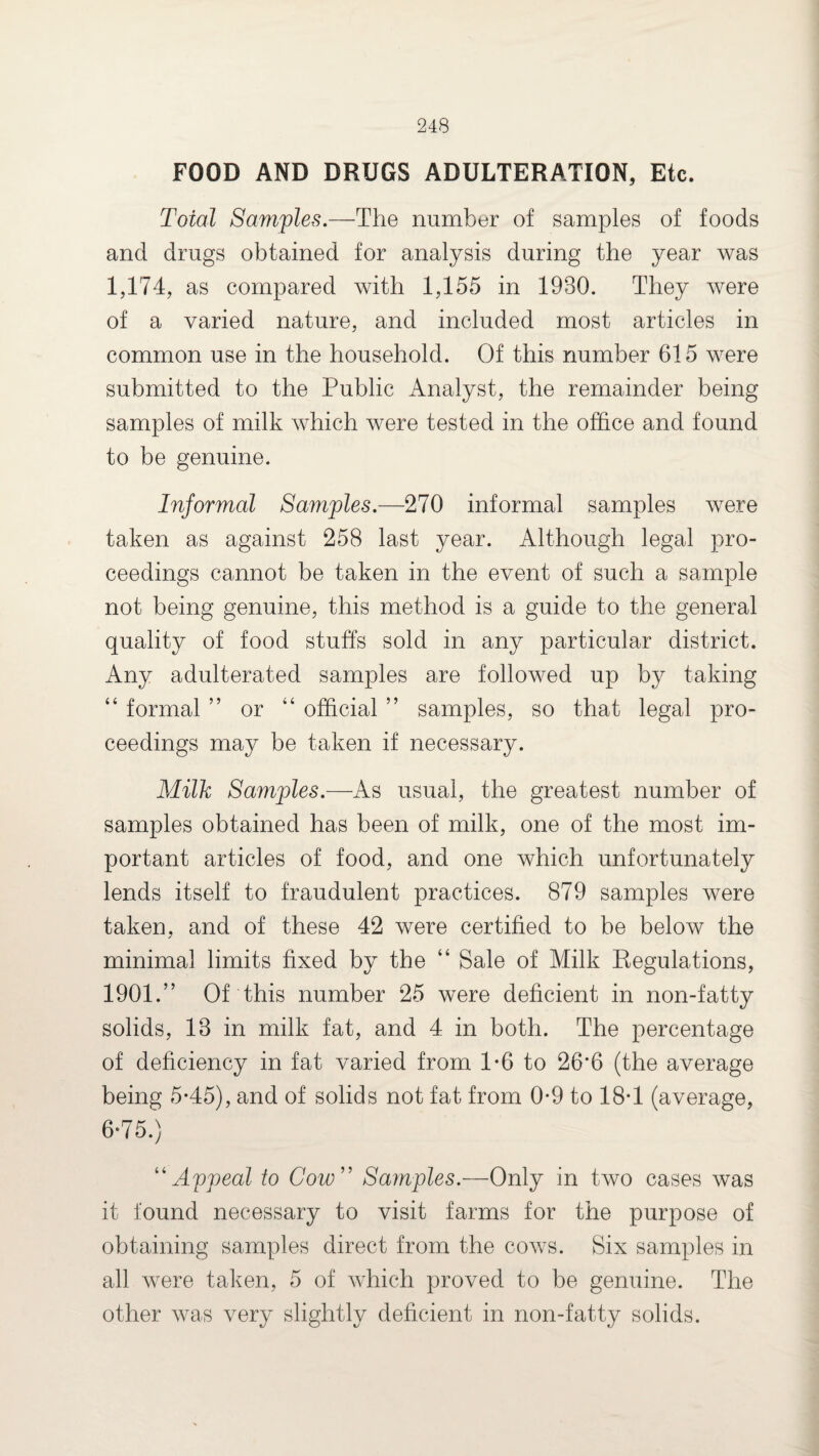 FOOD AND DRUGS ADULTERATION, Etc. Total Samples.—The number of samples of foods and drugs obtained for analysis during the year was 1,174, as compared with 1,155 in 1980. They were of a varied nature, and included most articles in common use in the household. Of this number 615 were submitted to the Public Analyst, the remainder being samples of milk which were tested in the office and found to be genuine. Informal Samples.—270 informal samples were taken as against 258 last year. Although legal pro¬ ceedings cannot be taken in the event of such a sample not being genuine, this method is a guide to the general quality of food stuffs sold in any particular district. Any adulterated samples are followed up by taking “ formal ” or “ official ” samples, so that legal pro¬ ceedings may be taken if necessary. Milk Samples.—As usual, the greatest number of samples obtained has been of milk, one of the most im¬ portant articles of food, and one which unfortunately lends itself to fraudulent practices. 879 samples were taken, and of these 42 were certified to be below the minimal limits fixed by the “ Sale of Milk Regulations, 1901.” Of this number 25 were deficient in non-fatty solids, 18 in milk fat, and 4 in both. The percentage of deficiency in fat varied from 1*6 to 26*6 (the average being 5-45), and of solids not fat from 0-9 to 18*1 (average, 6-75.) “ Appeal to Cow ” Samples.—Only in two cases was it found necessary to visit farms for the purpose of obtaining samples direct from the cows. Six samples in all were taken, 5 of which proved to be genuine. The other was very slightly deficient in non-fatty solids.