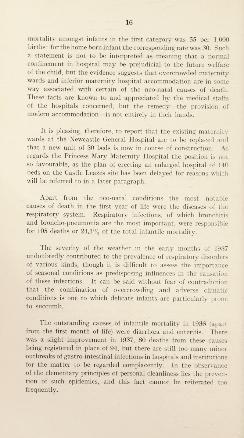 mortalit}^ amongst infants in the first category was 55 per 1,000 births; for the home born infant the corresponding rate was 30. Such a statement is not to be interpreted as meaning that a normal confinement in hospital may be prejudicial to the future welfare of the child, but the evidence suggests that overcrowded maternity wards and inferior maternity hospital accommodation are in some way associated with certain of the neo-natal causes of death. These facts are known to and appreciated by the medical staffs of the hospitals concerned, but the remedy—the provision of modern accommodation—is not entirely in their hands. It is pleasing, therefore, to report that the existing maternity wards at the Newcastle General Hospital are to be replaced and that a new unit of 30 beds is now in course of construction. As regards the Princess Mary Maternity Hospital the position is not so favourable, as the plan of erecting an enlarged hospital of 140 beds on the Castle Leazes site has been delayed for reasons which will be referred to in a later paragraph. Apart from the neo-natal conditions the most notable causes of death in the first year of life were the diseases of the respiratory system. Respiratory infections, of which bronchitis and broncho-pneumonia are the most important, were responsible for 105 deaths or 24.1% of the total infantile mortality. The severity of the weather in the early months of 1937 undoubtedly contributed to the prevalence of respiratory disorders of various kinds, though it is difficult to assess the importance of seasonal conditions as predisposing influences in the causation of these infections. It can be said without fear of contradiction that the combination of overcrowding and adverse climatic conditions is one to which delicate infants are particularly prone to succumb. The outstanding causes of infantile mortality in 1936 (apart trom the first month of life) were diarrhoea and enteritis. There was a slight improvement in 1937, 80 deaths from these causes being registered in place of 94, but there are still too many minor outbreaks of gastro-intestinal infections in hospitals and institutions for the matter to be regarded complacently. In the observance of the elementary principles of personal cleanliness lies the preven¬ tion of such epidemics, and this fact cannot be reiterated too frequently.