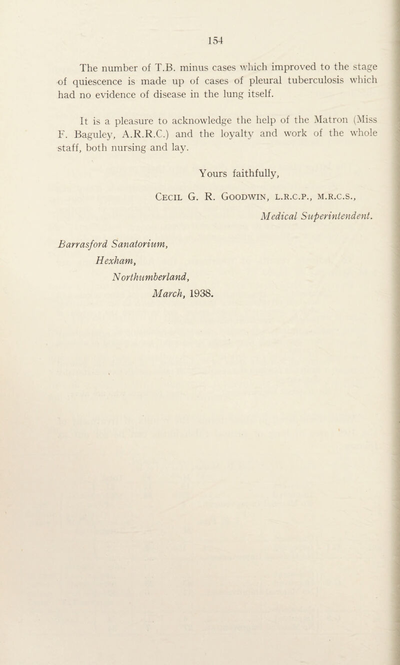 The number of T.B. minus cases which improved to the stage of quiescence is made up of cases of pleural tuberculosis which had no evidence of disease in the lung itself. It is a pleasure to acknowledge the help of the Matron (Miss F. Baguley, A.R.R.C.) and the loyalty and work of the whole staff, both nursing and lay. Yours faithfully, Cecil G. R. Goodwin, l.r.c.p., m.r.c.s., Medical Superintendent. Barrasford Sanatorium, Hexham, N orthumberland, March, 1938.