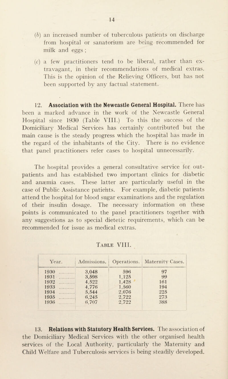 (b) an increased number of tuberculous patients on discharge from liospital or sanatorium are being recommiended for milk and eggs ; (c) a few practitioners tend to be liberal, rather than ex¬ travagant, in their recommendations of medical extras. This is the opinion of the Relieving Officers, but has not been supported by an^r factual statement. 12. Association with the Newcastle General Hospital. There has been a marked advance in the work of the Newcastle General Hospital since 1930 (Table VIIT) To this the success of the Domiciliary Medical Services has certainly contributed but the main cause is the steady progress which the hospital has made in the regard of the inhabitants of the City. There is no evidence that panel practitioners refer cases to hospital unnecessarily. The hospital provides a general consultative service for out¬ patients and has established two important clinics for diabetic and anaemia cases. These latter are particularly useful in the case of Public Assistance patients. For example, diabetic patients attend the hospital for blood sugar examinations and the regulation of their insulin dosage. The necessary information on these points is communicated to the panel practitioners together with any suggestions as to special dietetic requirements, which can be recommended for issue as medical extras. Table VIII. Year. Admissions. Operations. Maternity Cases. 1930 . 3,048 596 97 1931 . 3,598 1,125 99 1932 . 4,522 1,428 161 1933 . 4,776 1,560 194 1934 . 5,544 2,076 225 1935 . 6,245 2,722 273 1936 . 6,707 2,722 388 13. Relations with Statutory Health Services. The association of the Domiciliary Medical Services with the other organised health services of the Local Authority, particularly the Maternity and Child Welfare and Tuberculosis services is being steadily developed.