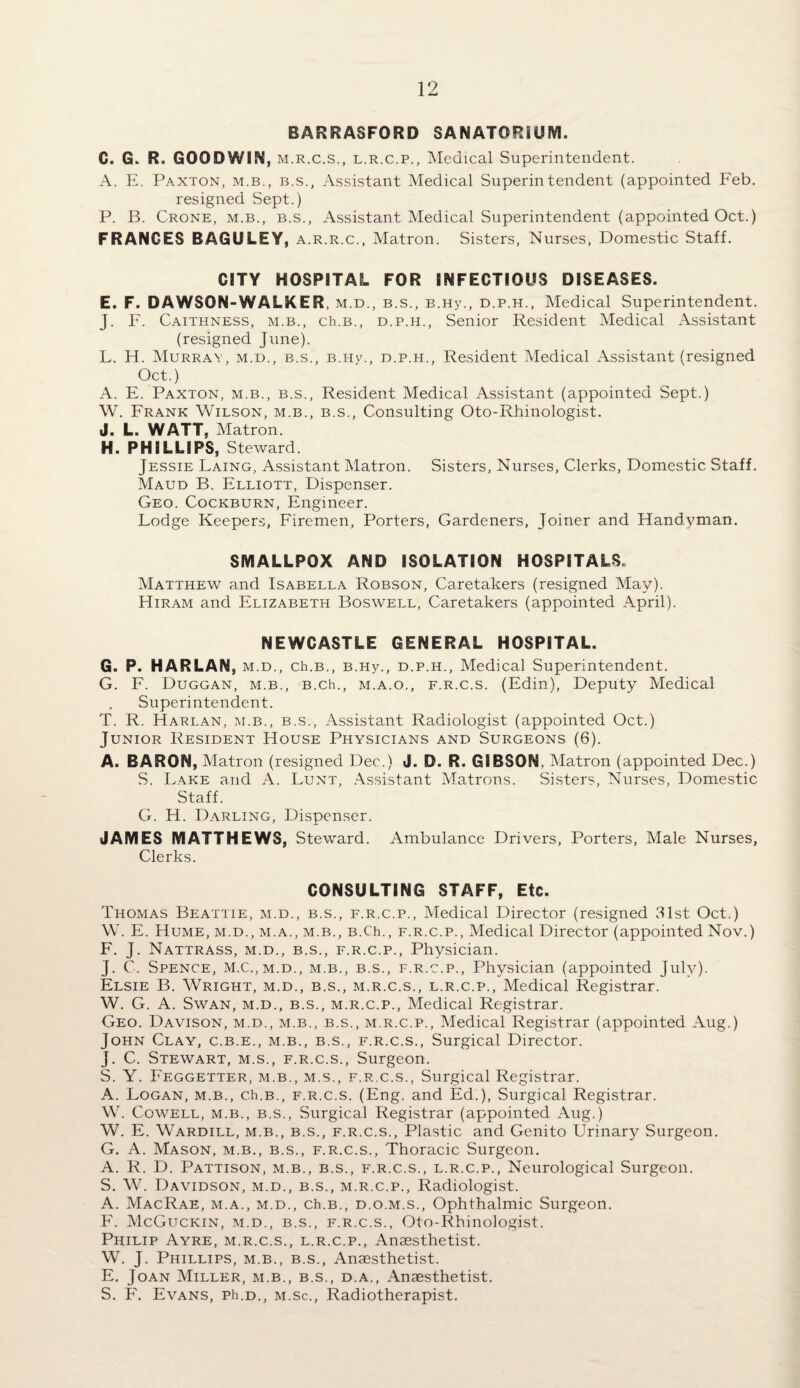 BARRASFORD SANATORIUM. C. G. R. GOODWIN, M.R.C.S., L.R.C.P., Medical Superintendent. A. E. Paxton, m.b., b.s., Assistant Medical Superintendent (appointed Feb. resigned Sept.) P. B. Crone, m.b., b.s.. Assistant Medical Superintendent (appointed Oct.) FRANCES BAGULEY, a.r.r.c., Matron. Sisters, Nurses, Domestic Staff. CITY HOSPITAL FOR INFECTIOUS DISEASES. E. F. DAWSON-WALKER, m.d., b.s., B.Hy., d.p.h.. Medical Superintendent. J. F. Caithness, m.b., ch.B., d.p.h., Senior Resident Medical Assistant (resigned June). L. H. Murray, m.d., b.s., b.hv., d.p.h.. Resident Medical Assistant (resigned Oct.) A. E. Paxton, m.b., b.s.. Resident Medical Assistant (appointed Sept.) W. Frank Wilson, m.b., b.s.. Consulting Oto-Rhinologist. J. L. WATT, Matron. H. PHILLIPS, Steward. Jessie Faing, Assistant Matron. Sisters, Nurses, Clerks, Domestic Staff. Maud B. Elliott, Dispenser. Geo. Cockburn, Engineer. Lodge Keepers, Firemen, Porters, Gardeners, Joiner and Hand3^man. SMALLPOX AND ISOLATION HOSPITALS. Matthew and Isabella Robson, Caretakers (resigned May). Hiram and Elizabeth Boswell, Caretakers (appointed April). NEWCASTLE GENERAL HOSPITAL. G. P. HARLAN, M.D., Ch.B., B.Hy., D.P.H., Medical Superintendent. G. F. Duggan, m.b., B.ch., m.a.o., f.r.c.s. (Edin), Deputy Medical Superintendent. T. R. Harlan, m.b., b.s.. Assistant Radiologist (appointed Oct.) Junior Resident House Physicians and Surgeons (6). A. BARON, Matron (resigned Dec.) J. D. R. GIBSON, Matron (appointed Dec.) S. Lake and A. Lunt, .A.ssistant Matrons. Sisters, Nurses, Domestic Staff. G. H. Darling, Dispenser. JAMES MATTHEWS, Steward. Ambulance Drivers, Porters, Male Nurses, Clerks. CONSULTING STAFF, Etc. Thomas Beattie, m.d., b.s., f.r.c.p.. Medical Director (resigned 31st Oct.) W. E. Hume, m.d., m.a., m.b., B.Ch., f.r.c.p.. Medical Director (appointed Nov.) F. J. Nattrass, m.d., b.s., f.r.c.p., Physician. J. C. Spence, M.C.,m.d., m.b., b.s., f.r.c.p.. Physician (appointed July). Elsie B. Wright, m.d., b.s., m.r.c.s., l.r.c.p.. Medical Registrar. W. G. A. Swan, m.d., b.s., m.r.c.p.. Medical Registrar. Geo. Davison, m.d., m.b., b.s., m.r.c.p.. Medical Registrar (appointed Aug.) John Clay, c.b.e., m.b., b.s., f.r.c.s.. Surgical Director. J. C. Stewart, m.s., f.r.c.s.. Surgeon. S. Y. Fegg.etter, m.b., m.s., f.r.c.s.. Surgical Registrar. A. Logan, m.b., ch.B., f.r.c.s. (Eng. and Ed.), Surgical Registrar. W. Cowell, m.b., b.s.. Surgical Registrar (appointed Aug.) W. E. Wardill, m.b., b.s., f.r.c.s.. Plastic and Genito Urinary Surgeon. G. A. Mason, m.b., b.s., f.r.c.s.. Thoracic Surgeon. A. R. D. Pattison, m.b., b.s., f.r.c.s., l.r.c.p.. Neurological Surgeon. S. W. Davidson, m.d., b.s., m.r.c.p.. Radiologist. A. MacRae, M.A., M.D., ch.B., D.O.M.S., Ophthalmic Surgeon. F. McGuckin, M.D., B.S., f.r.c.s., Oto-Rhinologist. Philip Ayre, m.r.c.s., l.r.c.p.. Anaesthetist. W. J. Phillips, m.b., b.s.. Anaesthetist. E. Joan Miller, m.b., b.s., d.a.. Anaesthetist. S. F. Evans, ph.D., m.sc., Radiotherapist.