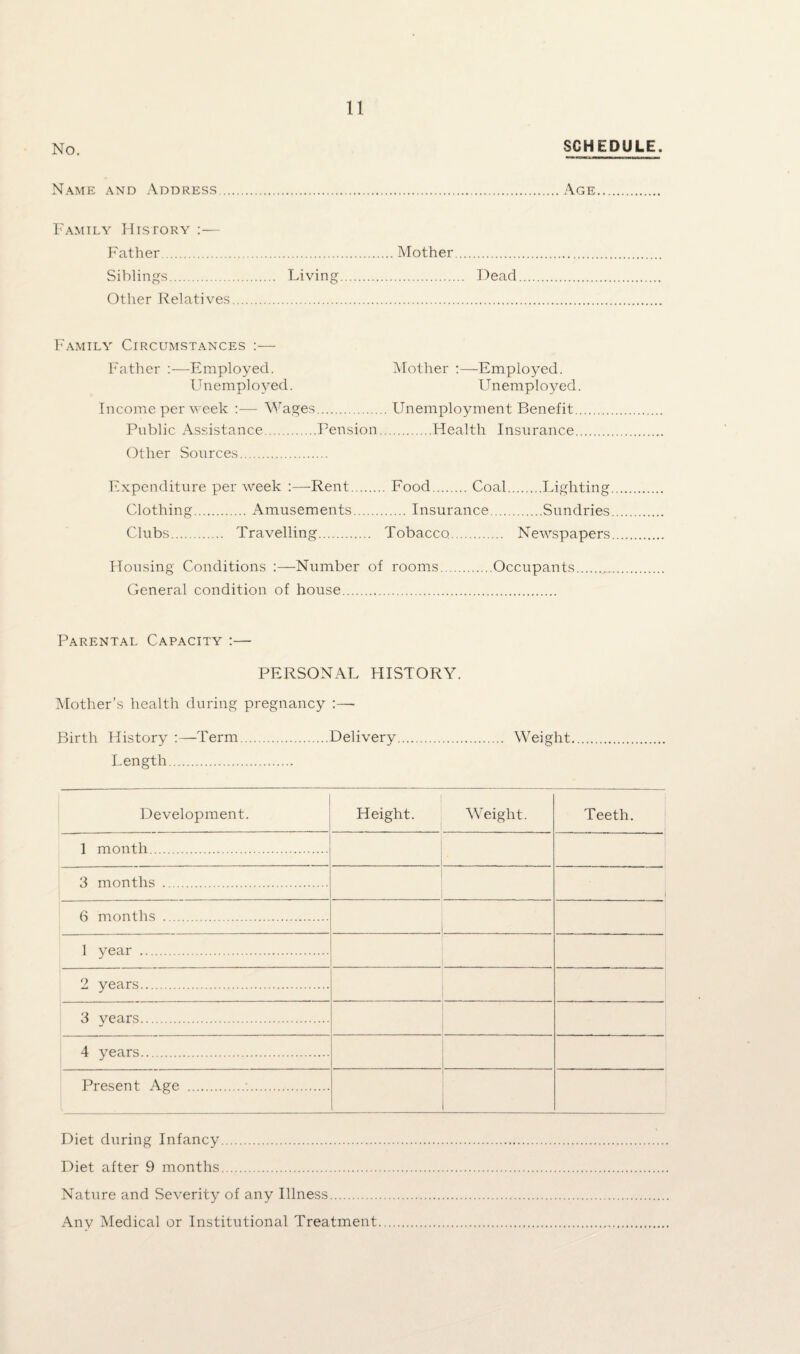 No. SCHEDULE. Name and Address.Age. Family History :— Father.Mother. Siblings. Living. Dead. Other Relatives. Family Circumstances :— Father :—Employed. Unemployed. Income per week :—- Wages. Public Assistance.Pension Other Sources. Expenditure per week :—Rent.Food.Coal.Lighting Clothing.Amusements.Insurance.Sundries Clubs. Travelling. Tobacco. Newspapers Housing Conditions :—Number of rooms.Occupants.. General condition of house. Parental Capacity :— PERSONAL HISTORY. Mother’s health during pregnancy :—- Birth History :—Term.Delivery. Weight Length. Development. Height. Weight. Teeth. 1 month. 3 months . 6 months . 1 year . 2 years. 3 years. 4 years. Present Age . Diet during Infancy. Diet after 9 months. Nature and Severity of any Illness. Anv Medical or Institutional Treatment Mother :—Employed. Unemployed. Unemployment Benefit.. .Health Insurance..