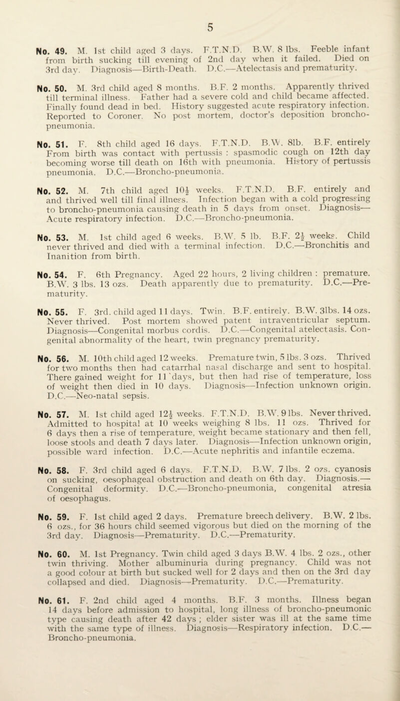 No. 49. M. 1st child aged 3 days. F.T.N.D. B.W. 8 lbs. Feeble infant from birth sucking till evening of 2nd day when it failed. Died on 3rd day. Diagnosis—Birth-Death. D.C.—Atelectasis and prematurity. No. 50. M. 3rd child aged 8 months. B.F. 2 months. Apparently thrived till terminal illness. Father had a severe cold and child became affected. Finally found dead in bed. History suggested acute respiratory infection. Reported to Coroner. No post mortem, doctor’s deposition broncho¬ pneumonia. No. 51. F. 8th child aged 16 days. F.T.N.D. B.W. 81b. B.F. entirely From birth was contact with pertussis : spasmodic cough on 12th day becoming worse till death on 16th with pneumonia. History of pertussis pneumonia. D.C.—Broncho-pneumonia. NO. 52. M. 7th child aged 10| weeks. F.T.N.D. B.F. entirely and and thrived well till final illness. Infection began with a cold progressing to broncho-pneumonia causing death in 5 days from onset. Diagnosis— Acute respiratory infection. D.C.—Broncho-pneumonia. No. 53. M. 1st child aged 6 weeks. B.W. S lb. B.F. 2\ weeks. Child never thrived and died with a terminal infection. D.C.—Bronchitis and Inanition from birth. NO. 54. F. 6th Pregnancy. Aged 22 hours, 2 living children : premature. B.W. 3 lbs. 13 ozs. Death apparently due to prematurity. D.C.—Pre¬ maturity. NO. 55. F. 3rd. child aged 11 days. Twin. B.F. entirely. B.W. 3lbs. 14 ozs. Never thrived. Post mortem showed patent intraventricular septum. Diagnosis—Congenital morbus cordis. D.C.—Congenital atelectasis. Con¬ genital abnormality of the heart, twin pregnancy prematurity. No. 56. M. 10th child aged 12 weeks. Premature twin, 5 lbs. 3 ozs. Thrived for two months then had catarrhal nasal discharge and sent to hospital. There gained weight for 11 days, but then had rise of temperature, loss of weight then died in 10 days. Diagnosis—Infection unknown origin. D.C.—Neo-natal sepsis. No. 57. M. 1st child aged 12£ weeks. F.T.N.D. BAY. 9 lbs. Never thrived. Admitted to hospital at 10 weeks weighing 8 lbs. 11 ozs. Thrived for 6 days then a rise of temperature, weight became stationary and then fell, loose' stools and death 7 days later. Diagnosis—Infection unknown origin, possible ward infection. D.C.—Acute nephritis and infantile eczema. No. 58. F. 3rd child aged 6 days. F.T.N.D. B.W. 7 lbs. 2 ozs. cyanosis on sucking, oesophageal obstruction and death on 6th day. Diagnosis.— Congenital deformity. D.C.—Broncho-pneumonia, congenital atresia of oesophagus. No. 59. F. 1st child aged 2 days. Premature breech delivery. B.W. 2 lbs. 6 ozs., for 36 hours child seemed vigorous but died on the morning of the 3rd day. Diagnosis—Prematurity. D.C.—Prematurity. No. 60. M. 1st Pregnancy. Twin child aged 3 days B.W. 4 lbs. 2 ozs., other twin thriving. Mother albuminuria during pregnancy. Child was not a good colour at birth but sucked well for 2 days and then on the 3rd day collapsed and died. Diagnosis—Prematurity. D.C.—Prematurity. No. 61. F. 2nd child aged 4 months. B.F. 3 months. Illness began 14 days before admission to hospital, long illness of broncho-pneumonic type causing death after 42 days ; elder sister was ill at the same time with the same type of illness. Diagnosis—Respiratory infection. D.C.— Broncho-pneumonia.