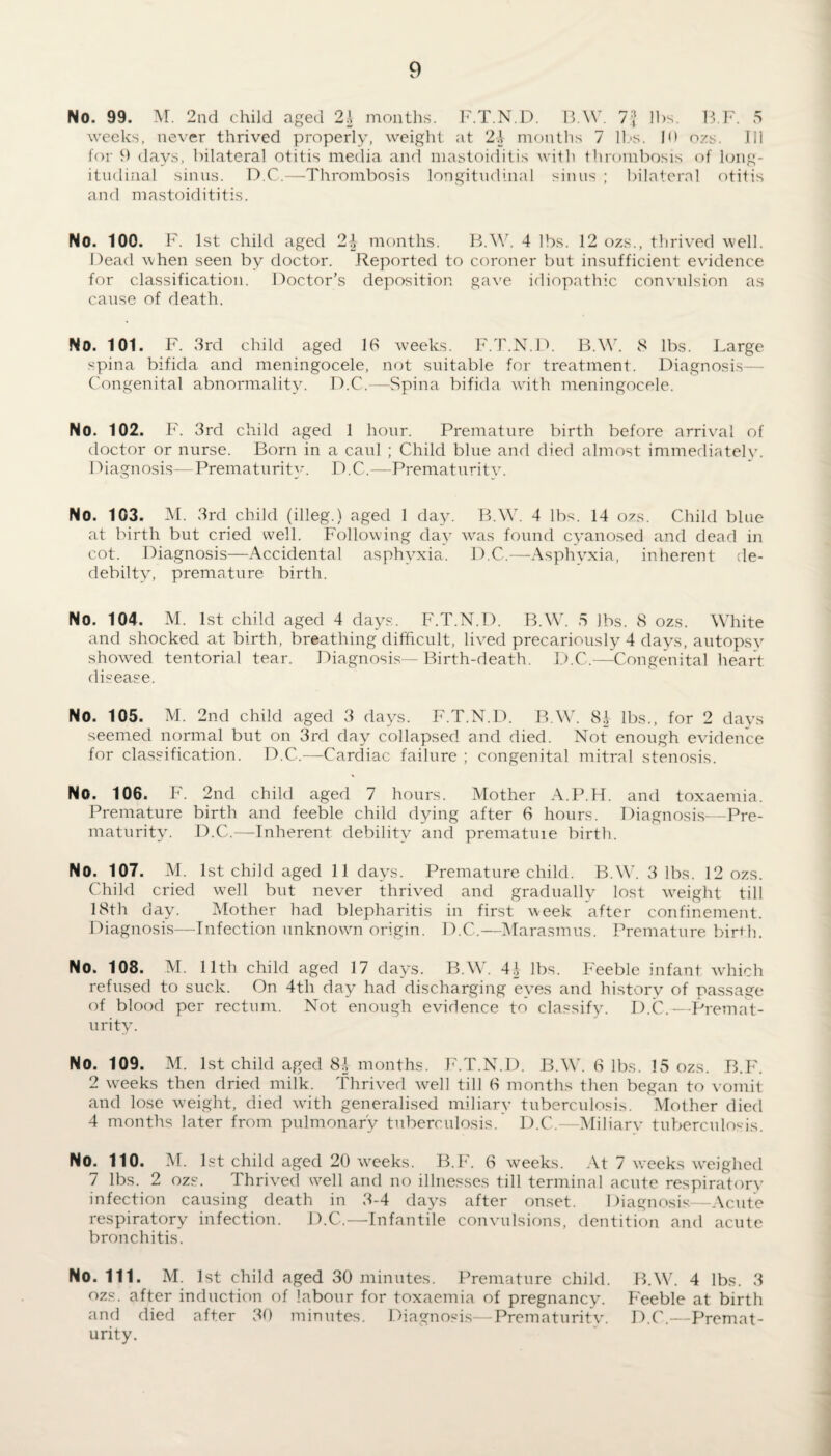 No. 99. M. 2nd child aged 2\ months. F.T.N.D. B.W. 7? lbs. 13.F. 5 weeks, never thrived properly, weight at 24 months 7 Has. 10 ozs. J11 for 9 days, bilateral otitis media and mastoiditis with thrombosis of long¬ itudinal sinus. D.C.—Thrombosis longitudinal sinus ; bilateral otitis and mastoidititis. No. 100. F. 1st child aged 2£ months. B.W. 4 lbs. 12 ozs., thrived well. Dead when seen by doctor. Reported to coroner but insufficient evidence for classification. Doctor’s deposition gave idiopathic convulsion as cause of death. No. 101. F. 3rd child aged 16 weeks. F.T.N.D. B.W. 8 lbs. Large spina bifida and meningocele, not suitable for treatment. Diagnosis- Congenital abnormality. D.C.—Spina bifida with meningocele. No. 102. F. 3rd child aged 1 hour. Premature birth before arrival of doctor or nurse. Born in a caul ; Child blue and died almost immediately. Diagnosis—Prematurity. D.C.—Prematurity. No. 103. M. 3rd child (illeg.) aged 1 day. B.W. 4 lbs. 14 ozs. Child blue at birth but cried well. Following day was found cyanosed and dead in cot. Diagnosis—Accidental asphyxia. D.C.—Asphyxia, inherent de- debilty, premature birth. No. 104. M. 1st child aged 4 days. F.T.N.D. B.W. 5 lbs. 8 ozs. White and shocked at birth, breathing difficult, lived precariously 4 days, autopsy showed tentorial tear. Diagnosis—Birth-death. D.C.—Congenital heart disease. No. 105. M. 2nd child aged 3 days. F.T.N.D. B.W. 84 lbs., for 2 days seemed normal but on 3rd day collapsed and died. Not enough evidence for classification. D.C.—Cardiac failure ; congenital mitral stenosis. No. 106. F. 2nd child aged 7 hours. Mother A.P.H. and toxaemia. Premature birth and feeble child dying after 6 hours. Diagnosis—Pre¬ maturity. D.C.—Inherent debility and prematme birth. No. 107. M. 1st child aged 11 days. Premature child. B.W. 3 lbs. 12 ozs. Child cried well but never thrived and gradually lost weight till 18th day. Mother had blepharitis in first week after confinement. Diagnosis—Infection unknown origin. D.C.—Marasmus. Premature birth. No. 108. M. 11th child aged 17 days. B.W. 44 lbs. Feeble infant which refused to suck. On 4th day had discharging eyes and history of passage of blood per rectum. Not enough evidence to classify. D.C.- Premat¬ urity. No. 109. M. 1st child aged 84 months. F.T.N.D. B.W. 6 lbs. 15 ozs. B.F. 2 weeks then dried milk. Thrived well till 6 months then began to vomit and lose weight, died with generalised miliary tuberculosis. Mother died 4 months later from pulmonary tuberculosis. D.C.—Miliary tuberculosis. No. 110. M. 1st child aged 20 weeks. B.F. 6 weeks. At 7 weeks weighed 7 lbs. 2 ozs. Thrived well and no illnesses till terminal acute respiratory infection causing death in 3-4 days after onset. Diagnosis—Acute respiratory infection. D.C.—Infantile convulsions, dentition and acute bronchitis. No. 111. M. 1st child aged 30 minutes. Premature child. B.W. 4 lbs. 3 ozs. after induction of labour for toxaemia of pregnancy. Feeble at birth and died after 30 minutes. Diagnosis—Prematurity. D.C.—Premat¬ urity.