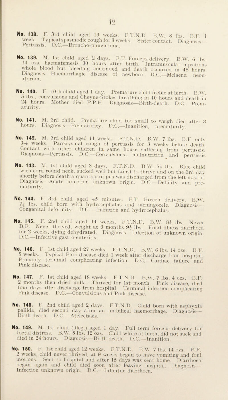week. Typical spasmodic cough for 3 weeks. Sister contact. Diagnosis— Pertussis. D.C.—Broncho-pnuemonia. No. 139. M. 1st child aged 2 days. F.T. Forceps delivery. B.W. 6 lbs. 14 ozs. haematemesis 30 hours after birth. Intramuscular injections whole blood but bleeding continued and death occurred in 48 hours. Diagnosis—Haemorrhagic disease of newborn. D.C.—Melaena neon¬ atorum. No. 140. F. 10th child aged 1 day. Premature child feeble at birth. B.W. 5 lbs., convulsions and Cheyne-Stokes breathing in 10 hours and death in 24 hours. Mother died P.P.H. Diagnosis—Birth-death. D.C.—Prem¬ aturity. No. 141. M. 3rd child. Premature child too small to weigh died after 3 hours. Diagnosis—Prematurity. D.C.—Inanition, prematurity. No. 142. M. 3rd child aged 11 weeks. F.T.N.D. B.W. 7 lbs. B.F. only 3-4 weeks. Paroxysmal cough of pertussis for 3 weeks before death. Contact with other children in. same house suffering from pertussis. Diagnosis Pertussis. D.C.—Convulsions, malnutrition and pertussis No. 143. M. 1st child aged 3 days. F.T.N.D. B.W. 5.1 lbs. Blue child with cord round neck, sucked well but failed to thrive and on the 3rd day shortly before death a quantity of pus was discharged from the left nostril. Diagnosis—Acute infection unknown origin. D.C.—Debility and pre¬ maturity. No. 144. I'. 3rd child aged 45 minutes. F.T. Breech delivery. B.W. 7| lbs. child born with hydrocephalus and meningocele. Diagnosis— Congenital deformity. D.C.—Inanition and hydrocephalus. No. 145. F. 2nd child aged 14 weeks. F.T.N.D. B.W. 84- lbs. Never B.F. Never thrived, weight at 3 months 9|- lbs. Final illness diarrhoea for 2 weeks, dying dehydrated. Diagnosis—Infection of unknown origin. D.C.—Infective gastro-enteritis. No. 146. F. 1st child aged 27 weeks. F.T.N.D. B.W. 6 lbs. 14 ozs. B.F. o weeks. Typical Pink disease died 1 week after discharge from hospital. Probably terminal complicating infection. D.C.—Cardiac failure and Pink disease. No. 147. F. 1st child aged 18 weeks. F.T.N.D. B.W, 7 lbs. 4 ozs. B.F. 2 months then dried milk. Thrived for 1st month. Pink disease, died four days after discharge from hospital. Terminal infection complicating Pink disease. D.C.—Convulsions and Pink disease. No. 148. F. 2nd child aged 2 days. F.T.N.D. Child born with asphyxia pallida, died second day after an umbilical haemorrhage. Diagnosis— Birth-death. D. C.—Atelectasis. No. 149. M. 1st child (illeg.) aged 1 day. F'ull term forceps delivery for foetal distress. B.W. 5 lbs. 12 ozs. Child white at birth, did not suck and died in 24 hours. Diagnosis—Birth-death. D.C.—Inanition. No. 150. F. 1st child aged 12 weeks. F.T.N.D. B.W. 7 lbs. 14 ozs. B.F. 2 weeks, child never thrived, at 9 weeks began to have vomiting and foul motions. Sent to hospital and after 15 days was sent home. Diarrhoea began again and child died soon after leaving hospital. Diagnosis— Infection unknown origin. D.C.—Infantile diarrhoea.