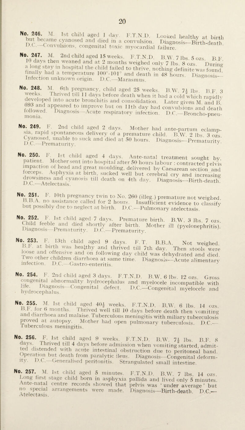 No. 246. M. 1st child aged 1 day. F.T.N.D. hm became cyanosed and died in a convulsion. O.C. —Convulsions, congenital toxic myocardial Looked healthy a( birth Diagnosis—Birth-death, failure. d 2nd child aged 15 weeks. F.T.N.D. B.W. 7 lbs. 5 ozs BF 1 da>'s then weaned and at 2 months weighed only 7 lbs. 8 ozs Durine a long stay in hospital the child failed to thrive, nothing definite was found mally had a temperature 100 -101 and death in 48 hours. Diagnosis— Infection unknown origin. D.C.—Mnmsimis No. 248. M. 6th pregnancy, child aged 25 weeks, weeks. I hrived till 11 days before death when it b developed into acute bronchitis and consolidation. 693 and appeared to improve but on lltb day had followed. Diagnosis—Acute respiratorv infection monia. B.W. 1\ lbs. B.F. 3 ad a cold which rapidly Later given M. and B. convulsions and death D.C.—Broncho-pneu- No. 249. F. 2nd child aged 2 days. Mother had ante-partum eclamp- sia, rapid spontaneous delivery of a premature child B W 9 lbs 3 ozs Cyanosed. unable to suck and died at 50 hours. Diagnosis—Prematurity' D.C.—Prematurity. - No. 250. P 1st child aged 4 days. Ante-natal treatment sought by patient . Mother sent into hospital after 50 hours labour : contracted pelvis impaction of head and great moulding, delivered by Caesarean section and forceps. Asphyxia at birth, sucked well but cerebral cry and increasing drowsmess and cyanosis till death on 4th day. Diagnosis—Birth-death D.C.—Atelectasis. No. 251. T. 10th pregnancy twin to No. 260 (illeg.) premature not weighed L.B.A. no assistance called for 2 hours. Insufficient evidence to classify but possibly due to neglect at birth. D.C.—Pulmonary atelectasis No. 252. 1-. 1st child aged 7 days. Premature birth. Child feeble and died shortly” after birth. Mother Diagnosis—Prematurity. D.C.—Prematurity. B.W. 3 lbs. 7 ozs. ill (pyelonephritis). No 253 F. 3th child aged 9 days. F. T. B.B.A. Not weighed. , • at Jbirrtfh was healthy and thrived till 7th day. Then stools were loose and offensive and on following day child was dehydrated and died two other children diarrhoea at same time. Diagnosis—Acute alimentary infection. D.C.—Gastro-enteritis. No. 254. F. 2nd child aged 3 days. F.T.N.D. B.W. 6 lbs. 12 ozs. Gross congenital abnormality hydrocephalus and myelocele incompatible with ’• e lagnosis Congenital defect. D.C.—Congenital myelocele and hydrocephalus. No. 255. M. 1st child aged 40£ weeks. F.T.N.D. B.W. 6 lbs 14 ozs B.P. f°r 6 months. Thrived well till 10 days before death then vomiting and diarrhoea and malaise. Tuberculous meningitis with miliary tuberculosis proved at autopsy. Mother had open pulmonary tuberculosis. D.C_ tuberculous meningitis. D.V. o admit- No. 256. F. 1st child aged 9 weeks. F.T.N.D. B.W. 7.1 lbs da^s. Thrived till 4 days before admission when vomiting started, admit ted distended with acute intestinal obstruction due to peritoneal band. Operation but death from paralytic ileus. Diagnosis—Congenital deform¬ ity. D.C. Generalised peritonitis. Strangulated small intestine. No. 257. M. 1st child aged 5 minutes. F.T.N.D. B.W. 7 lbs. 14 ozs. Long first stage child born in asphyxia pallida and lived only 5 minutes. Ante-natal centre records showed that pelvis was 1 under average ’ but no special arrangements were made. Diagnosis—Birth-death DC- Atelectasis,