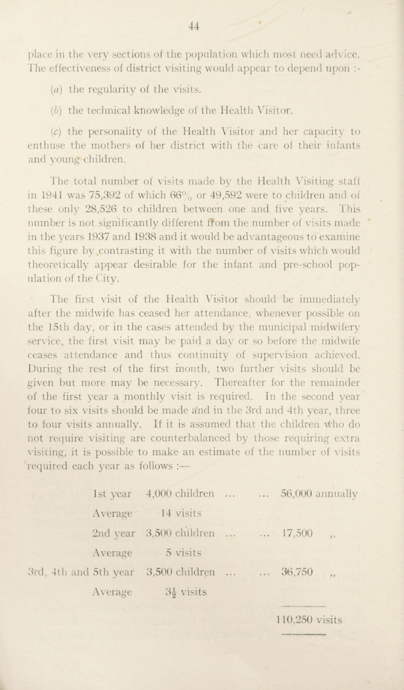 place in the very sections of the population which most need advice. The effectiveness of district visiting would appear to depend upon :- (a) the regularity of the visits. (b) the technical knowledge of the Health Visitor. (c) the personality of the Health Visitor and her capacity to enthuse the mothers of her district with the care of their infants and young children. The total number of visits made by the Health Visiting staff m 1941 was 75,392 of which 66% or 49,592 were to children and of these only 28,526 to children between one and five years. This number is not significantly different ffom the number of visits made in the years 1937 and 1938 and it would be advantageous to examine this figure by contrasting it with the number of visits which would theoretically appear desirable for the infant and pre-school pop¬ ulation of the City. The first visit of the Health Visitor should be immediately after the midwife has ceased her attendance, whenever possible on the 15th day, or in the cases attended by the municipal midwifery service, the first visit may be paid a day or so before the midwife ceases attendance and thus continuity of supervision achieved. During the rest of the first month, two further visits should be given but more may be necessary. Thereafter for the remainder of the first year a monthly visit is required. In the second year four to six visits should be made and in the 3rd and 4th year, three to four visits annually. If it is assumed that the children vHio do not require visiting are counterbalanced by those requiring extra visiting, it is possible to make an estimate of the number of visits required each year as follows :— 1st year 4,000 children Average 14 visits r 2nd year 3,500 children Average 3rd, 4t 11 and 5th year 5 visits 3,500 children Average 34 visits 56,000 annually 17,500 36,750 y > 110,250 visits