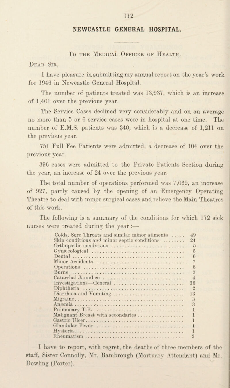 NEWCASTLE GENERAL HOSPITAL. To the Medical Officer of Health. Dear Sir, I have pleasure in submitting my annual report on the year’s work for 1946 in Newcastle General Hospital. The number of patients treated was 13,937, which is an increase of 1,401 over the previous year. The Service Cases declined very considerably and on an average no more than 5 or 6 service cases were in hospital at one time. The number of E.M.S. patients was 340, which is a decrease of 1,211 on the previous year. 751 Full Fee Patients were admitted, a decrease of 104 over the previous year. 396 cases were admitted to the Private Patients Section during the year, an increase of 24 over the previous year. The total number of operations performed was 7,069, an increase of 927, partly caused by the opening of an Emergency Operating Theatre to deal with minor surgical cases and relieve the Main Theatres of this work. The following is a summary of the conditions for which 172 sick nurses were treated during the year :— Colds, Sore Throats and similar minor ailments . 49 Skin conditions and minor septic conditions . 24 Orthopaedic conditions . 5 Gynaecological . 5 Dental. 6 Minor Accidents . 7 Operations . 6 Burns . 2 Catarrhal Jaundice. 4 Investigations—General. 36 Diphtheria . 2 Diarrhoea and Vomiting. 13 Migraine. 3 Anaemia.r. 3 Pulmonary T.B.<. 1 Malignant Breast with secondaries. 1 Gastric Ulcer. 1 Glandular Fever . 1 Hysteria. 1 Rheumatism. 2 I have to report, with regret, the deaths of three members of the staff, Sister Connolly, Mr. Bambrough (Mortuary Attendant) and Mr. Dowling (Porter).