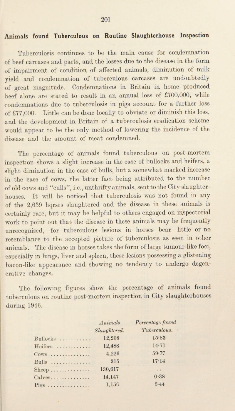 Animals found Tuberculous on Routine Slaughterhouse Inspection Tuberculosis continues to be the main cause for condemnation of beef carcases and parts, and the losses due to the disease in the form of impairment of condition of affected animals, diminution of milk yield and condemnation of tuberculous carcases are undoubtedly of great magnitude. Condemnations in Britain in home produced beef alone are stated to result in an annual loss of £700,000, while condemnations due to tuberculosis in pigs account for a further loss of £77,000. Little can be done locally to obviate or diminish this loss, and the development in Britain of a tuberculosis eradication scheme would appear to be the only method of lowering the incidence of the disease and the amount of meat condemned. The percentage of animals found tuberculous on post-mortem inspection shows a slight increase in the case of bullocks and heifers, a slight diminution in the case of bulls, but a somewhat marked increase in the case of cows, the latter fact being attributed to the number of old cows and “culls”, i.e., unthrifty animals, sent to the City slaughter¬ houses. It will be noticed that tuberculosis was not found in any of the 2,639 horses slaughtered and the disease in these animals is certainly rare, but it may be helpful to others engaged on inspectorial work to point out that the disease in these animals may be frequently unrecognised, for tuberculous lesions in horses bear little or no resemblance to the accepted picture of tuberculosis as seen in other animals. The disease in horses takes the form of large tumour-like foci, especially in lungs, liver and spleen, these lesions possessing a glistening bacon-like appearance and showing no tendency to undergo degen¬ erative changes. The following figures show the percentage of animals found tuberculous on routine post-mortem inspection in City slaughterhouses during 1946. Animals Slaughtered. Percentage found Tuberculous. Bullocks . 12,208 15-83 Heifers . 12,488 14-71 Cows . 4,226 59-77 Bulls . 315 17-14 Sheep. 130,617 Calves. 14,147 0-38 Pigs . 1,150 5-44