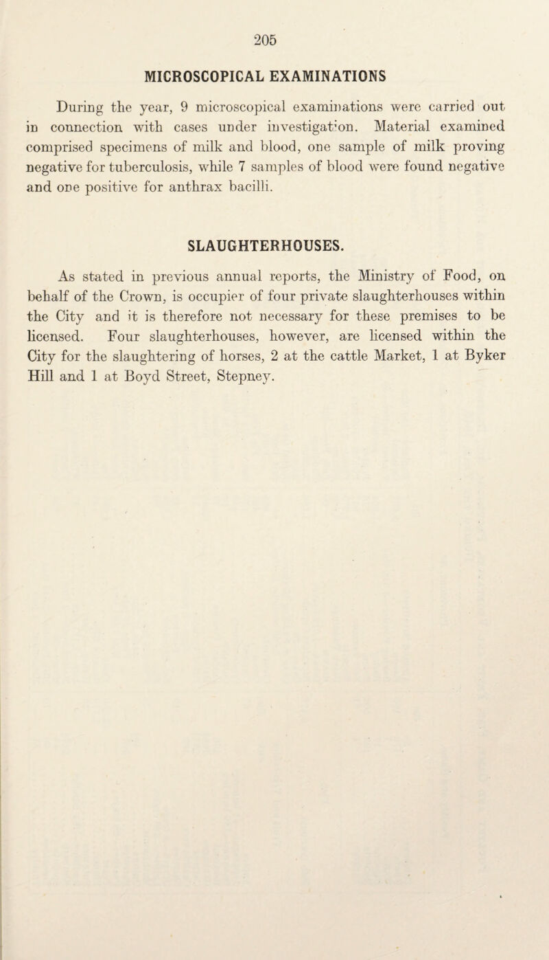MICROSCOPICAL EXAMINATIONS During the year, 9 microscopical examinations were carried out in connection with cases under investigation. Material examined comprised specimens of milk and blood, one sample of milk proving negative for tuberculosis, while 7 samples of blood were found negative and one positive for anthrax bacilli. SLAUGHTERHOUSES. As stated in previous annual reports, the Ministry of Food, on behalf of the Crown, is occupier of four private slaughterhouses within the City and it is therefore not necessary for these premises to be licensed. Four slaughterhouses, however, are licensed within the City for the slaughtering of horses, 2 at the cattle Market, 1 at Byker Hill and 1 at Boyd Street, Stepney.