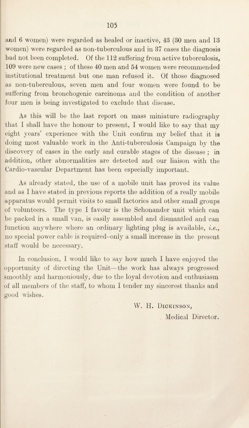 and 6 women) were regarded as healed or inactive, 43 (30 men and 13 women) were regarded as non-tuberculous and in 37 cases the diagnosis had not been completed. Of the 112 suffering from active tuberculosis,. 109 were new cases ; of these 40 men and 54 women were recommended institutional treatment but one man refused it. Of those diagnosed as non-tuberculous, seven men and four women wTere found to be suffering from bronchogenic carcinoma and the condition of another four men is being investigated to exclude that disease. As this will be the last report on mass miniature radiography that I shall have the honour to present, I would like to say that my eight years’ experience with the Unit confirm my belief that it is doing most valuable work in the Anti-tuberculosis Campaign by the discovery of cases in the early and curable stages of the disease ; in addition, other abnormalities are detected and our liaison with the Cardio-vascular Department has been especially important. As already stated, the use of a mobile unit has proved its value and as I have stated in previous reports the addition of a really mobile apparatus would permit visits to small factories and other small groups of volunteers. The type I favour is the Schonander unit which can be packed in a small van, is easily assembled and dismantled and can function anywhere where an ordinary lighting plug is available, i.e., no special power cable is required-only a small increase in the present staff would be necessary. In conclusion, I would like to say how much I have enjoyed the opportunity of directing the Unit—the work has always progressed smoothly and harmoniously, due to the loyal devotion and enthusiasm of all members of the staff, to whom I tender my sincerest thanks and good washes. W. H. Dickinson, Medical Director.