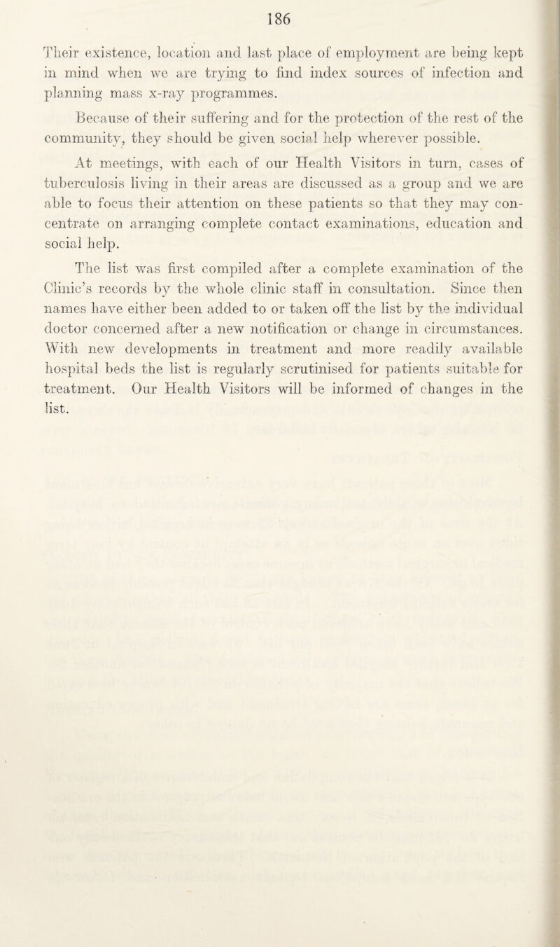 Their existence, location and last place of employment are being kept in mind when we are trying to find index sources of infection and planning mass x-ray programmes. Because of their suffering and for the protection of the rest of the community, they should be given social help wherever possible. At meetings, with each of our Health Visitors in turn, cases of tuberculosis living in their areas are discussed as a group and we are able to focus their attention on these patients so that they may con¬ centrate on arranging complete contact examinations, education and social help. The list was first compiled after a complete examination of the Clinic’s records by the whole clinic staff in consultation. Since then names have either been added to or taken off the list by the individual doctor concerned after a new notification or change in circumstances. With new developments in treatment and more readily available hospital beds the list is regularly scrutinised for patients suitable for treatment. Our Health Visitors will be informed of changes in the list.