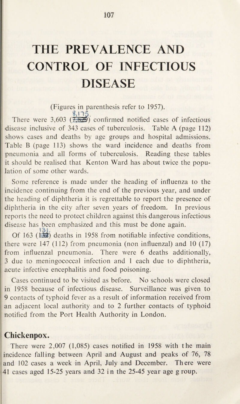 THE PREVALENCE AND CONTROL OF INFECTIOUS DISEASE (Figures in parenthesis refer to 1957). £175. There were 3,603 (77829) confirmed notified cases of infectious disease inclusive of 343 cases of tuberculosis. Table A (page 112) shows cases and deaths by age groups and hospital admissions. Table B (page 113) shows the ward incidence and deaths from pneumonia and all forms of tuberculosis. Reading these tables it should be realised that Kenton Ward has about twice the popu¬ lation of some other wards. Some reference is made under the heading of influenza to the incidence continuing from the end of the previous year, and under the heading of diphtheria it is regrettable to report the presence of diphtheria in the city after seven years of freedom. In previous reports the need to protect children against this dangerous infectious disease has been emphasized and this must be done again. Of 163 (13£) deaths in 1958 from notifiable infective conditions, there were 147 (112) from pneumonia (non influenzal) and 10 (17) from influenzal pneumonia. There were 6 deaths additionally, 3 due to meningococcal infection and 1 each due to diphtheria, acute infective encephalitis and food poisoning. Cases continued to be visited as before. No schools were closed in 1958 because of infectious disease. Surveillance was given to 9 contacts of typhoid fever as a result of information received from an adjacent local authority and to 2 further contacts of typhoid notified from the Port Health Authority in London. Chickenpox. There were 2,007 (1,085) cases notified in 1958 with the main incidence falling between April and August and peaks of 76, 78 and 102 cases a week in April, July and December. There were 41 cases aged 15-25 years and 32 in the 25-45 year age g roup.