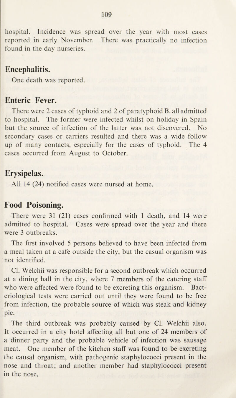 hospital. Incidence was spread over the year with most cases reported in early November. There was practically no infection, found in the day nurseries. Encephalitis. One death was reported. Enteric Fever. There were 2 cases of typhoid and 2 of paratyphoid B. all admitted to hospital. The former were infected whilst on holiday in Spain but the source of infection of the latter was not discovered. No secondary cases or carriers resulted and there was a wide follow up of many contacts, especially for the cases of typhoid. The 4 cases occurred from August to October. Erysipelas. All 14 (24) notified cases were nursed at home. Food Poisoning. There were 31 (21) cases confirmed with 1 death, and 14 were admitted to hospital. Cases were spread over the year and there were 3 outbreaks. The first involved 5 persons believed to have been infected from a meal taken at a cafe outside the city, but the casual organism was not identified. Cl. Welchii was responsible for a second outbreak which occurred at a dining hall in the city, where 7 members of the catering staff who were affected were found to be excreting this organism. Bact¬ eriological tests were carried out until they were found to be free from infection, the probable source of which was steak and kidney pie. The third outbreak was probably caused by Cl. Welchii also. It occurred in a city hotel affecting all but one of 24 members of a dinner party and the probable vehicle of infection was sausage meat. One member of the kitchen staff was found to be excreting the causal organism, with pathogenic staphylococci present in the nose and throat; and another member had staphylococci present in the nose.
