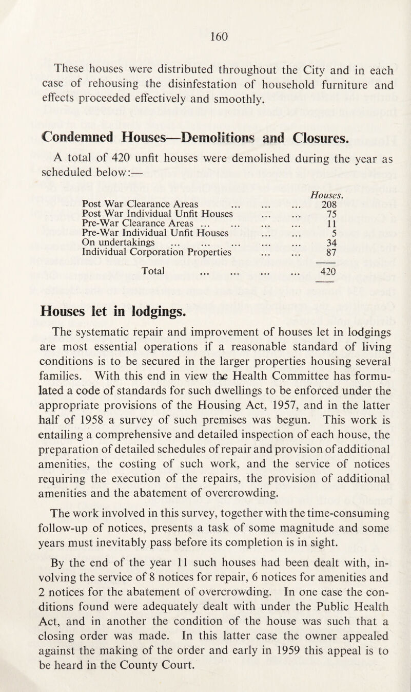 These houses were distributed throughout the City and in each case of rehousing the disinfestation of household furniture and effects proceeded effectively and smoothly. Condemned Houses—Demolitions and Closures. A total of 420 unfit houses were demolished during the year as scheduled below:— Houses. Post War Clearance Areas 208 Post War Individual Unfit Houses . 75 Pre-War Clearance Areas. 11 Pre-War Individual Unfit Houses 5 On undertakings . 34 Individual Corporation Properties . 87 Total Houses let in lodgings. The systematic repair and improvement of houses let in lodgings are most essential operations if a reasonable standard of living conditions is to be secured in the larger properties housing several families. With this end in view the Health Committee has formu¬ lated a code of standards for such dwellings to be enforced under the appropriate provisions of the Housing Act, 1957, and in the latter half of 1958 a survey of such premises was begun. This work is entailing a comprehensive and detailed inspection of each house, the preparation of detailed schedules of repair and provision of additional amenities, the costing of such work, and the service of notices requiring the execution of the repairs, the provision of additional amenities and the abatement of overcrowding. The work involved in this survey, together with the time-consuming follow-up of notices, presents a task of some magnitude and some years must inevitably pass before its completion is in sight. By the end of the year 11 such houses had been dealt with, in¬ volving the service of 8 notices for repair, 6 notices for amenities and 2 notices for the abatement of overcrowding. In one case the con¬ ditions found were adequately dealt with under the Public Health Act, and in another the condition of the house was such that a closing order was made. In this latter case the owner appealed against the making of the order and early in 1959 this appeal is to be heard in the County Court.