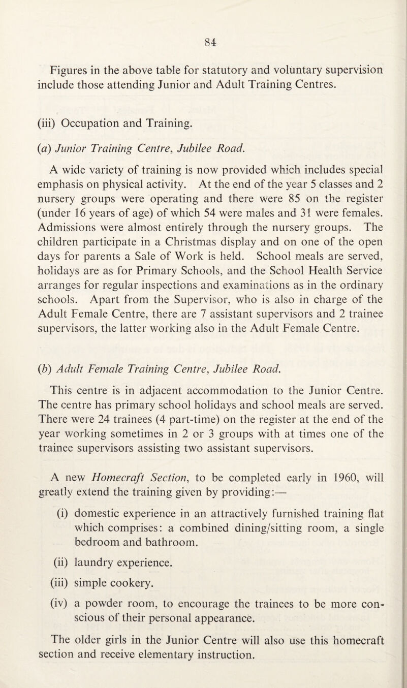 Figures in the above table for statutory and voluntary supervision include those attending Junior and Adult Training Centres. (iii) Occupation and Training. (a) Junior Training Centre, Jubilee Road. A wide variety of training is now provided which includes special emphasis on physical activity. At the end of the year 5 classes and 2 nursery groups were operating and there were 85 on the register (under 16 years of age) of which 54 were males and 31 were females. Admissions were almost entirely through the nursery groups. The children participate in a Christmas display and on one of the open days for parents a Sale of Work is held. School meals are served, holidays are as for Primary Schools, and the School Health Service arranges for regular inspections and examinations as in the ordinary schools. Apart from the Supervisor, who is also in charge of the Adult Female Centre, there are 7 assistant supervisors and 2 trainee supervisors, the latter working also in the Adult Female Centre. (b) Adult Female Training Centre, Jubilee Road. This centre is in adjacent accommodation to the Junior Centre. The centre has primary school holidays and school meals are served. There were 24 trainees (4 part-time) on the register at the end of the year working sometimes in 2 or 3 groups with at times one of the trainee supervisors assisting two assistant supervisors. A new Homecraft Section, to be completed early in 1960, will greatly extend the training given by providing:— (i) domestic experience in an attractively furnished training flat which comprises: a combined dining/sitting room, a single bedroom and bathroom. (ii) laundry experience. (iii) simple cookery. (iv) a powder room, to encourage the trainees to be more con¬ scious of their personal appearance. The older girls in the Junior Centre will also use this homecraft section and receive elementary instruction.