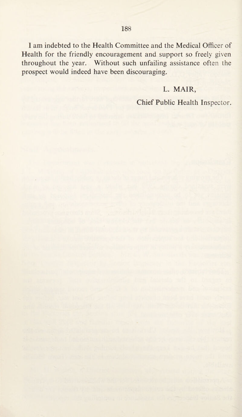I am indebted to the Health Committee and the Medical Officer of Health for the friendly encouragement and support so freely given throughout the year. Without such unfailing assistance often the prospect would indeed have been discouraging. L. MAIR, Chief Public Health Inspector.