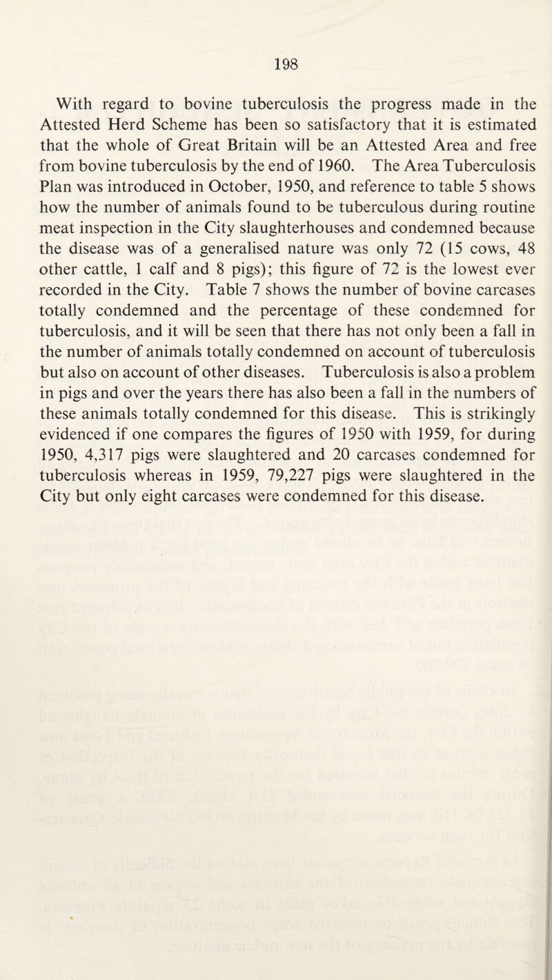 With regard to bovine tuberculosis the progress made in the Attested Herd Scheme has been so satisfactory that it is estimated that the whole of Great Britain will be an Attested Area and free from bovine tuberculosis by the end of 1960. The Area Tuberculosis Plan was introduced in October, 1950, and reference to table 5 shows how the number of animals found to be tuberculous during routine meat inspection in the City slaughterhouses and condemned because the disease was of a generalised nature was only 72 (15 cows, 48 other cattle, 1 calf and 8 pigs); this figure of 72 is the lowest ever recorded in the City. Table 7 shows the number of bovine carcases totally condemned and the percentage of these condemned for tuberculosis, and it will be seen that there has not only been a fall in the number of animals totally condemned on account of tuberculosis but also on account of other diseases. Tuberculosis is also a problem in pigs and over the years there has also been a fall in the numbers of these animals totally condemned for this disease. This is strikingly evidenced if one compares the figures of 1950 with 1959, for during 1950, 4,317 pigs were slaughtered and 20 carcases condemned for tuberculosis whereas in 1959, 79,227 pigs were slaughtered in the City but only eight carcases were condemned for this disease.