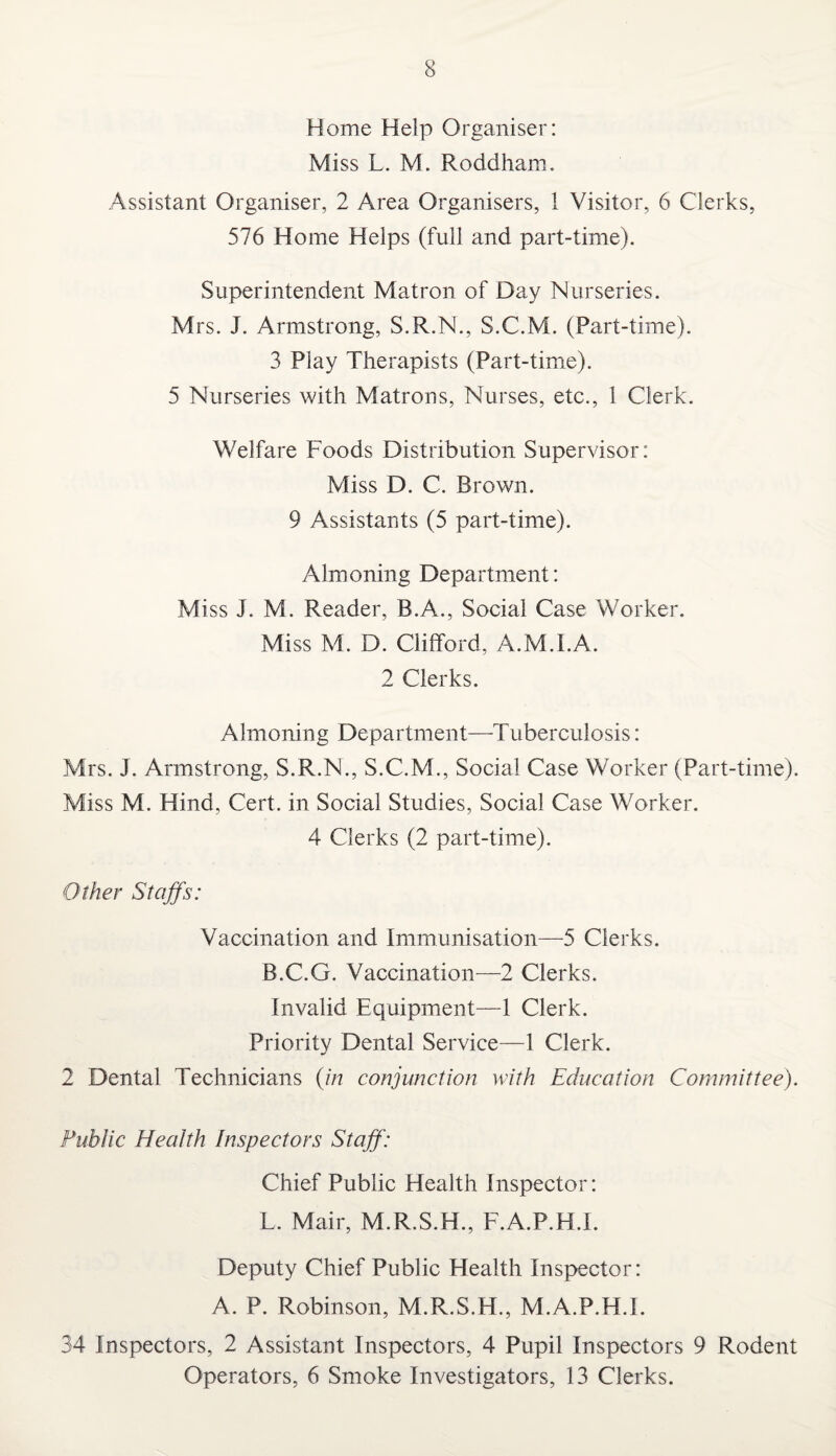 Home Help Organiser: Miss L. M. Roddham. Assistant Organiser, 2 Area Organisers, 1 Visitor, 6 Clerks, 576 Home Helps (full and part-time). Superintendent Matron of Day Nurseries. Mrs. J. Armstrong, S.R.N., S.C.M. (Part-time). 3 Play Therapists (Part-time). 5 Nurseries with Matrons, Nurses, etc., 1 Clerk. Welfare Foods Distribution Supervisor: Miss D. C. Brown. 9 Assistants (5 part-time). Almoning Department: Miss J. M. Reader, B.A., Social Case Worker. Miss M. D. Clifford, A.M.I.A. 2 Clerks. Almoning Department—Tuberculosis: Mrs. J. Armstrong, S.R.N., S.C.M., Social Case Worker (Part-time). Miss M. Hind, Cert, in Social Studies, Social Case Worker. 4 Clerks (2 part-time). Other Staffs: Vaccination and Immunisation—5 Clerks. B.C.G. Vaccination—2 Clerks. Invalid Equipment—1 Clerk. Priority Dental Service—1 Clerk. 2 Dental Technicians (in conjunction with Education Committee). Public Health Inspectors Staff: Chief Public Health Inspector: L. Mair, M.R.S.H., F.A.P.H.I. Deputy Chief Public Health Inspector: A. P. Robinson, M.R.S.H., M.A.P.H.I. 34 Inspectors, 2 Assistant Inspectors, 4 Pupil Inspectors 9 Rodent Operators, 6 Smoke Investigators, 13 Clerks.
