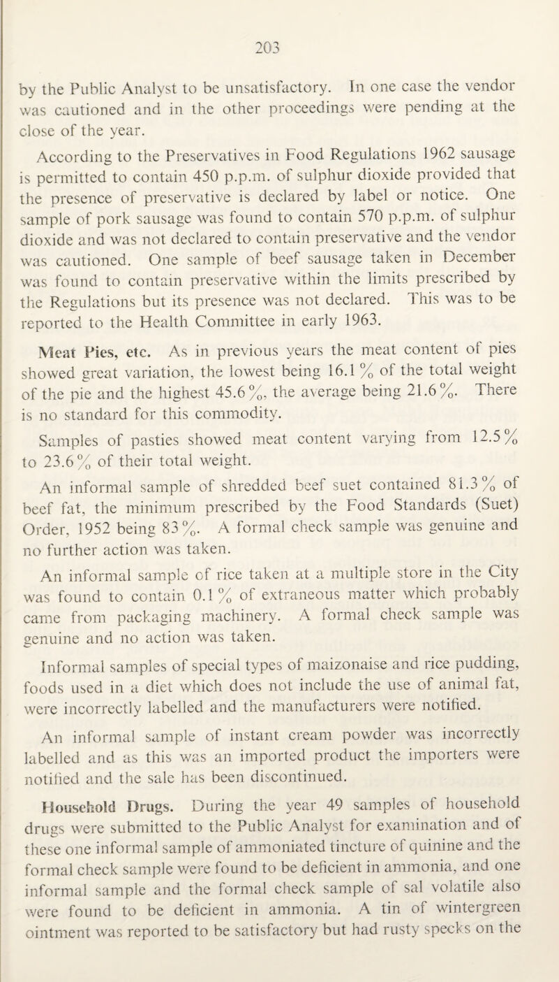 by the Public Analyst to be unsatisfactory. In one case the vendor was cautioned and in the other proceedings were pending at the close of the year. According to the Preservatives in Food Regulations 1962 sausage is permitted to contain 450 p.p.m. of sulphur dioxide provided that the presence of preservative is declared by label or notice. One sample of pork sausage was found to contain 570 p.p.m. of sulphur dioxide and was not declared to contain preservative and the vendor was cautioned. One sample of beef sausage taken in December was found to contain preservative within the limits prescribed by the Regulations but its presence was not declared. This was to be reported to the Health Committee in early 1963. Meat Pies, etc. As in previous years the meat content of pies showed great variation, the lowest being 16.1 % of the total weight of the pie and the highest 45.6 %, the average being 21.6 %. There is no standard for this commodity. Samples of pasties showed meat content varying from 12.5% to 23.6% of their total weight. An informal sample of shredded beef suet contained 81.3% oi beef fat, the minimum prescribed by the Food Standards (Suet) Order. 1952 being 83%. A formal check sample was genuine and no further action was taken. An informal sample of rice taken at a multiple store in the City was found to contain 0.1% of extraneous matter which probably came from packaging machinery. A formal check sample was genuine and no action was taken. Informal samples of special types of maizonaise and rice pudding, foods used in a diet which does not include the use of animal fat, were incorrectly labelled and the manufacturers were notified. An informal sample of instant cream powder was incorrectly labelled and as this was an imported product the importers were notified and the sale has been discontinued. Household Drugs. During the year 49 samples of household drugs were submitted to the Public Analyst for examination and of these one informal sample of ammoniated tincture of quinine and the formal check sample were found to be deficient in ammonia, and one informal sample and the formal check sample of sal volatile also were found to be deficient in ammonia. A tin of wintergreen ointment was reported to be satisfactory but had rusty specks on the