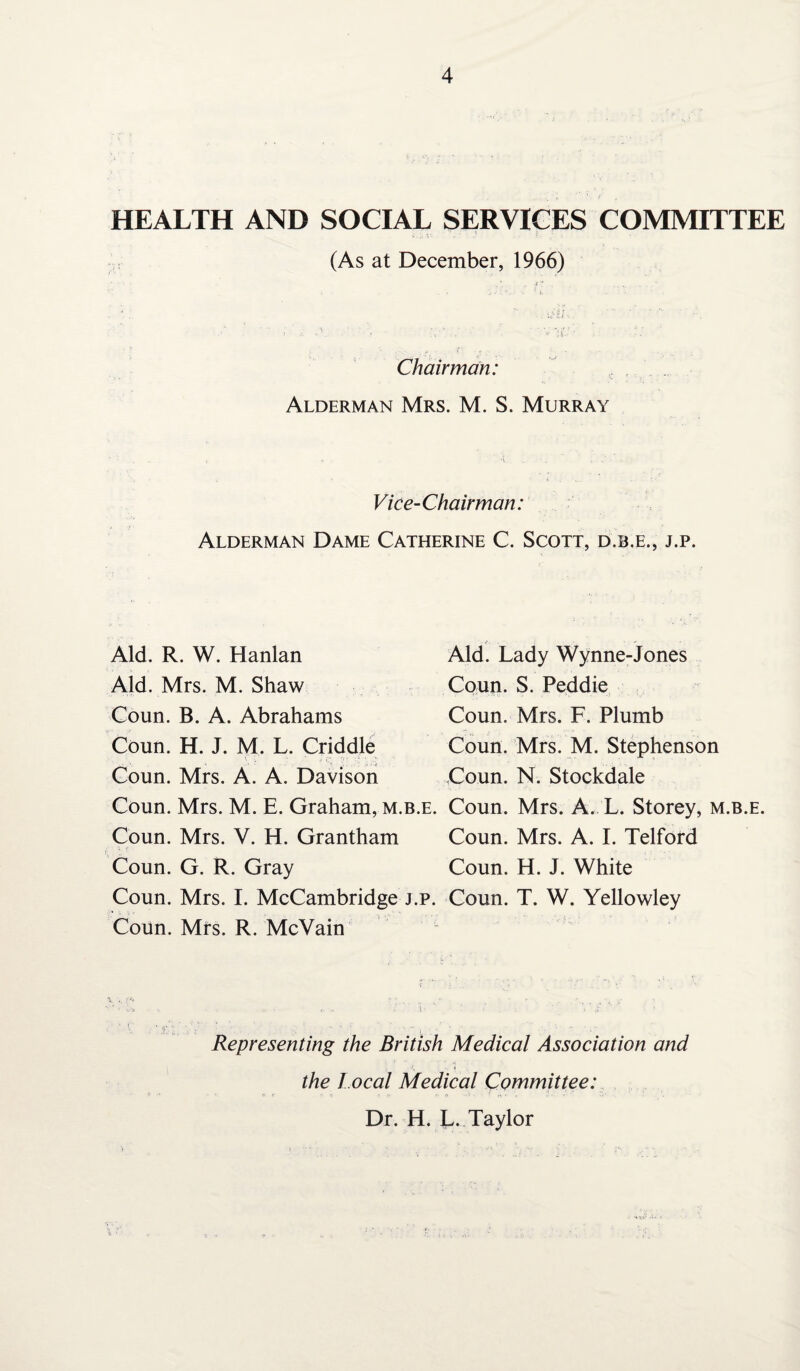 HEALTH AND SOCIAL SERVICES COMMITTEE (As at December, 1966) ■ ■ ■ -f ■’ . . . . . : • , . , , r* =1 r . iI'LL . Chairman: Alderman Mrs. M. S. Murray Vice-Chairman: Alderman Dame Catherine C. Scott, d b.e.* j.p. Aid. R. W. Hanlan Aid. Lady Wynne-Jones Aid. Mrs. M. Shaw Coun. S. Peddle Coim. B. A. Abrahams Coun. Mrs. F. Plumb Coun. H. J. M. L. Criddle Coun. Mrs. M. Stephenson Coun. Mrs. A. A. Davison Coun. N. Stockdale Coun. Mrs. M. E. Graham, m.b.e. Coun. Mrs. A. L. Storey, m.b.e. Coun. Mrs. V. H. Grantham Coun. Mrs. A. I. Telford Coun. G. R. Gray Coun. H. J. White Coun. Mrs. I. McCambridge j.p. Coun. T. W. Yellowley Coun. Mrs. R. McVain \ .. f a ■- ; . t. s • , ... * ■ • ■ • Representing the British Medical Association and the Local Medical Committee: Dr. H. L. Taylor
