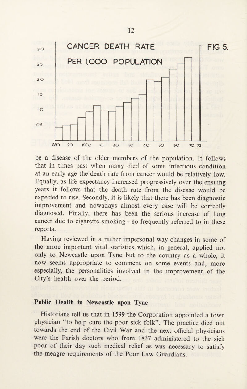 be a disease of the older members of the population. It follows that in times past when many died of some infectious condition at an early age the death rate from cancer would be relatively low. Equally, as life expectancy increased progressively over the ensuing years it follows that the death rate from the disease would be expected to rise. Secondly, it is likely that there has been diagnostic improvement and nowadays almost every case will be correctly diagnosed. Finally, there has been the serious increase of lung cancer due to cigarette smoking - so frequently referred to in these reports. Having reviewed in a rather impersonal way changes in some of the more important vital statistics which, in general, applied not only to Newcastle upon Tyne but to the country as a whole, it now seems appropriate to comment on some events and, more especially, the personalities involved in the improvement of the City’s health over the period. Public Health in Newcastle upon Tyne Historians tell us that in 1599 the Corporation appointed a town physician “to help cure the poor sick folk”. The practice died out towards the end of the Civil War and the next official physicians were the Parish doctors who from 1837 administered to the sick poor of their day such medical relief as was necessary to satisfy the meagre requirements of the Poor Law Guardians.