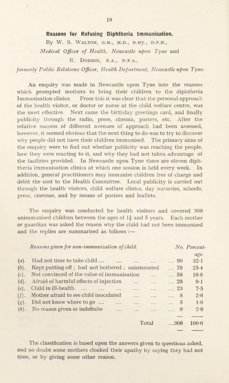 Reasons for Refusing Diphtheria Immunisation. By W. S. Walton, g.m., m.d., B.Hy., d.p.h., Medical Officer of Health, Newcastle upon Tyne and R. Dobbin, b.a., d.p.a., formerly Public Relations Officer, Health Department, Newcastle upon Tyne. An enquiry was made in Newcastle upon Tyne into the reasons which prompted mothers to bring their children to the diphtheria Immunisation clinics. From this it was clear that the personal approach of the health visitor, or doctor or nurse at the child welfare centre, was the most effective. Next came the birthday greetings card, and finally publicity through the radio, press, cinema, posters, etc. After the relative success of different avenues of approach had been assessed, however, it seemed obvious that the next thing to do was to try to discover why people did not have their children immunised. The primary aims of the enquiry were to find out whether publicity was reaching the people, how they were reacting to it, and why they had not taken advantage of the facilities provided. In Newcastle upon Tyne there are eleven diph¬ theria immunisation clinics at which one session is held every week. In addition, general practitioners may immunise children free of charge and debit the cost to the Health Committee. Local publicity is carried out through the health visitors, child welfare clinics, day nurseries, schools, press, cinemas, and by means of posters and leaflets. The enquiry was conducted by health visitors and covered 308 unimmunised children between the ages of and 5 years. Each mother or guardian was asked the reason why the child had not been immunised and the replies are summarised as follows :— Reasons given for non-immunisation of child. No. Percent- {a). Had not time to take child .... .... 99 age. 32-1 (6). Kept putting off ; had not bothered ; uninterested .... 78 25-4 (c). Not convinced of the value of immunisation .... 58 18-8 (d). Afraid of harmful effects of injection .... 28 9-1 («)• Child in ill-health .... 23 7-5 (/)• Mother afraid to see child inoculated .... 8 2-6 (g)- Did not know where to go .... .... 5 1*6 (k). No reason given or indefinite .... 9 2-9 Total ....308 100-0 The classification is based upon the answers given to questions asked, and no doubt some mothers cloaked their apathy by saying they had not time, or by giving some other reason.