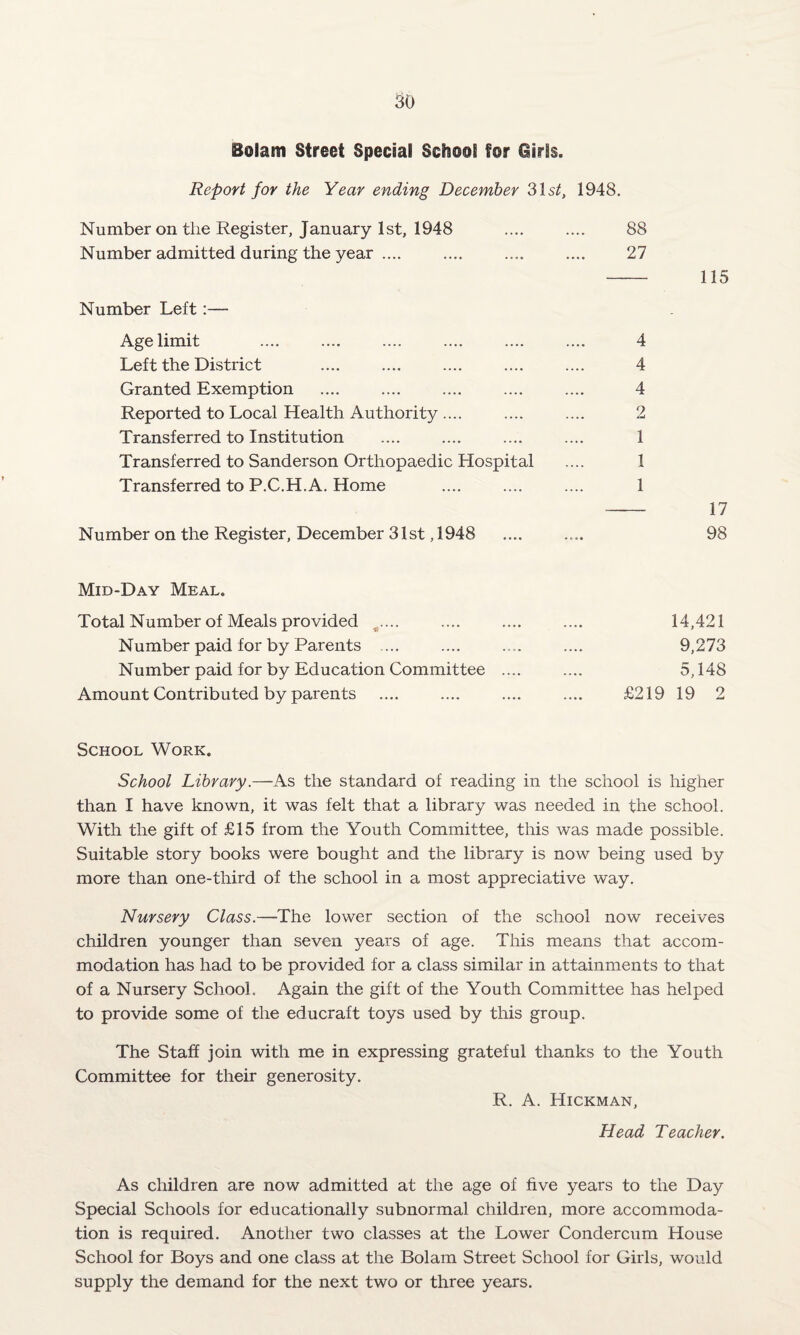 Boiam Street Special School for Girls. Report for the Year ending December 31s/, 1948. Number on tlie Register, January 1st, 1948 .... .... 88 Number admitted during the year .... .... .... .... 27 - 115 Number Left:— Age limit .... .... .... .... .... .... 4 Left the District .... .... .... .... .... 4 Granted Exemption .... .... .... .... .... 4 Reported to Local Health Authority .... .... .... 2 Transferred to Institution .... .... .... .... 1 Transferred to Sanderson Orthopaedic Hospital .... 1 Transferred to P.C.H.A. Home .... .... .... 1 - 17 Number on the Register, December 31 st, 1948 .... .... 98 Mid-Day Meal. Total Number of Meals provided ,.... .... .... .... 14,421 Number paid for by Parents ... .... .... .... 9,273 Number paid for by Education Committee .... .... 5,148 Amount Contributed by parents .... .... .... .... £219 19 2 School Work. School Library.—As the standard of reading in the school is higher than I have known, it was felt that a library was needed in the school. With the gift of £15 from the Youth Committee, this was made possible. Suitable story books were bought and the library is now being used by more than one-third of the school in a most appreciative way. Nursery Class.—The lower section of the school now receives children younger than seven years of age. This means that accom¬ modation has had to be provided for a class similar in attainments to that of a Nursery School. Again the gift of the Youth Committee has helped to provide some of the educraft toys used by this group. The Staff join with me in expressing grateful thanks to the Youth Committee for their generosity. R. A. Hickman, Head Teacher. As children are now admitted at the age of five years to the Day Special Schools for educationally subnormal children, more accommoda¬ tion is required. Another two classes at the Lower Condercum House School for Boys and one class at the Bolam Street School for Girls, would supply the demand for the next two or three years.