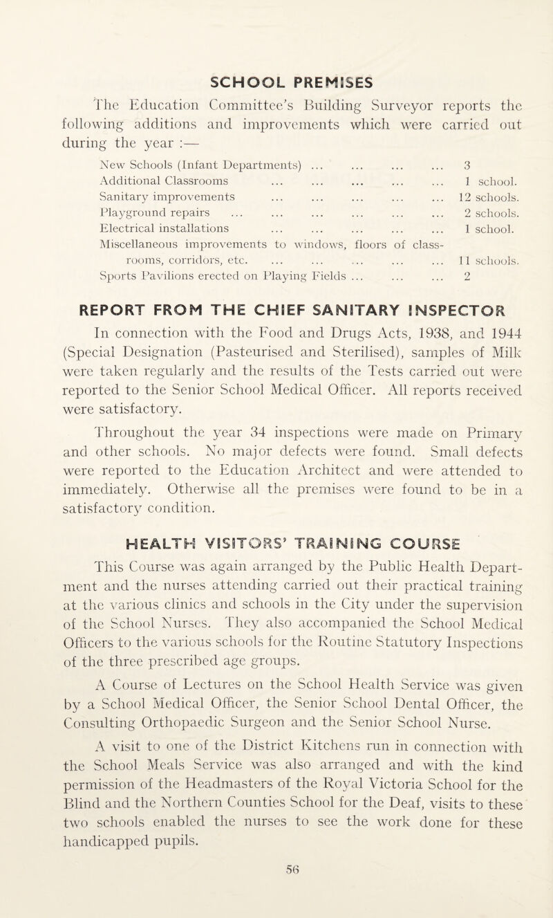 SCHOOL PREMISES The Education Committee's Building Surveyor reports the following additions and improvements which were carried out during the year :— New Schools (Infant Departments) ... Additional Classrooms Sanitary improvements Playground repairs Electrical installations Miscellaneous improvements to windows, floors of class¬ rooms, corridors, etc. Sports Pavilions erected on Playing Fields ... 3 1 school. 12 schools. 2 schools. 1 school. 1 1 schools. 2 REPORT FROM THE CHIEF SANITARY INSPECTOR In connection with the Food and Drugs Acts, 1938, and 1944 (Special Designation (Pasteurised and Sterilised), samples of Milk were taken regularly and the results of the Tests carried out were reported to the Senior School Medical Officer. All reports received were satisfactory. Throughout the year 34 inspections were made on Primary and other schools. No major defects were found. Small defects were reported to the Education Architect and were attended to immediately. Otherwise all the premises were found to be in a satisfactory condition. HEALTH VISITORS9 TRAINING COURSE This Course was again arranged by the Public Health Depart¬ ment and the nurses attending carried out their practical training at the various clinics and schools in the City under the supervision of the School Nurses. They also accompanied the School Medical Officers to the various schools for the Routine Statutory Inspections of the three prescribed age groups. A Course of Lectures on the School Health Service was given by a School Medical Officer, the Senior School Dental Officer, the Consulting Orthopaedic Surgeon and the Senior School Nurse. A visit to one of the District Kitchens run in connection with the School Meals Service was also arranged and with the kind permission of the Headmasters of the Royal Victoria School for the Blind and the Northern Counties School for the Deaf, visits to these two schools enabled the nurses to see the work done for these handicapped pupils.