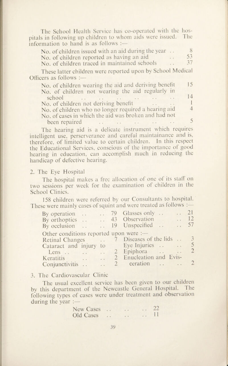 The School Health Service has co-operated with the hos¬ pitals in following up children to whom aids were issued. The information to hand is as follows :— No. of children issued with an aid during the year . . 8 No. of children reported as having an aid .. 53 No. of children traced in maintained schools . . 37 These latter children were reported upon by School Medical Officers as follows :— No. of children wearing the aid and deriving benefit No. of children not wearing the aid regularly in school No. of children not deriving benefit No. of children who no longer required a hearing aid No. of cases in which the aid was broken and had not been repaired The hearing aid is a delicate instrument which requires intelligent use, perserverance and careful maintainance and is, therefore, of limited value to certain children. In this respect the Educational Services, conscious of the importance of good hearing in education, can accomplish much in reducing the handicap of defective hearing. 15 14 I 4 5 2. The Eye Hospital The hospital makes a free allocation of one of its stall on two sessions per week for the examination of children in the School Clinics. 158 children were referred by our Consultants to hospital. These were mainly cases of squint and were treated as follows :— By operation By orthoptics By occlusion Other conditions reported Retinal Changes Cataract and injury to Lens Keratitis Conjunctivitis 79 Glasses only 43 Observation 19 Unspecified upon were :— 7 Diseases of the lids . . Eye Injuries 2 Epiphora 2 Enucleation and Evis- 2 ceration 21 12 57 3 5 2 2 3. The Cardiovascular Clinic The usual excellent service has been given to our children by this department of the Newcastle General Hospital. The following types of cases were under treatment and observation during the year :— New Cases .. .. 22 Old Cases .. .. • • 11