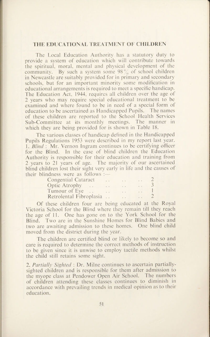 THE EDUCATIONAL TREATMENT OF CHILDREN The Local Education Authority has a statutory duty to provide a system of education which will contribute towards the spiritual, moral, mental and physical development of the community. By such a system some 98% of school children in Newcastle are suitably provided for in primary and secondary schools, but for an important minority some modification in educational arrangements is required to meet a specific handicap. The Education Act, 1944, requires all children over the age of 2 years who may require special educational treatment to be examined and where found to be in need of a special form of education to be ascertained as Handicapped Pupils. The names of these children are reported to the School Health Services Sub-Committee at its monthly meetings. The manner in which they are being provided for is shown in Table 18. The various classes of handicap defined in the Handicapped Pupils Regulations 1953 were described in my report last year. 1. Blind : Mr. Vernon Ingram continues to be certifying officer for the Blind. In the case of blind children the Education Authority is responsible for their education and training from 2 years to 21 years of age. The majority of our ascertained blind children lost their sight very early in life and the causes of their blindness were as follows :— 2 3 Congential Cataract Optic Atrophy Tumour of Eye Retrolental Fibroplasia 2 Of these children four are being educated at the Royal Victoria School for the Blind where they remain till they reach the age of 11. One has gone on to the York School for the Blind. Two are in the Sunshine Homes for Blind Babies and two are awaiting admission to these homes. One blind child moved from the district during the year. The children are certified blind or likely to become so and care is required to determine the correct methods of instruction to be given since it is unwise to employ tactile methods whilst the child still retains some sight. 2. Partially Sighted : Dr. Milne continues to ascertain partially- sighted children and is responsible for them after admission to the myope class at Pendower Open Air School. The numbers of children attending these classes continues to diminish in accordance with prevailing trends in medical opinion as to their education.