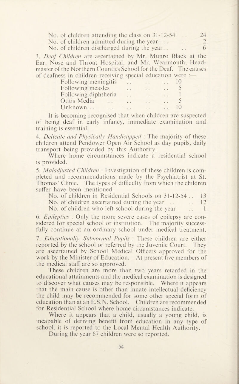 No. of children attending the class on 31-12-54 . . 24 No. of children admitted during the year . . . . 2 No. of children discharged during the year. . . . 6 3. Deaf Children are ascertained by Mr. Munro Black at the Ear, Nose and Throat Hospital, and Mr. Wearmouth, Head¬ master of the Northern Counties School for the Deaf. The causes of deafness in children receiving special education were Following meningitis . . . . . . 10 Following measles . . . . . . 5 Following diphtheria . . . . . . 1 Otitis Media . . . . . . . . 5 Unknown . . .. . . . . .. 10 It is becoming recognised that when children are suspected of being deaf in early infancy, immediate examination and training is essential. 4. Delicate and Physically Handicapped : The majority of these children attend Pendower Open Air School as day pupils, daily transport being provided by this Authority. Where home circumstances indicate a residential school is provided. 5. Maladjusted Children : Investigation of these children is com¬ pleted and recommendations made by the Psychiatrist at St. Thomas’ Clinic. The types of difficulty from which the children suffer have been mentioned. No. of children in Residential Schools on 31-12-54 . . 13 No. of children ascertained during the year . . . . 12 No. of children who left school during the year . . 1 6. Epileptics : Only the more severe cases of epilepsy are con¬ sidered for special school or institution. The majority success¬ fully continue at an ordinary school under medical treatment. 7. Educationally Subnormal Pupils : These children are either reported by the school or referred by the Juvenile Court. They are ascertained by School Medical Officers approved for the work by the Minister of Education. At present five members of the medical staff are so approved. These children are more than two years retarded in the educational attainments and the medical examination is designed to discover what causes may be responsible. Where it appears that the main cause is other than innate intellectual deficiency the child may be recommended for some other special form of education than at an E.S.N. School. Children are recommended for Residential School where home circumstances indicate. Where it appears that a child, usually a young child, is incapable of deriving benefit from education in any type of school, it is reported to the Focal Mental Health Authority. During the year 67 children were so reported.