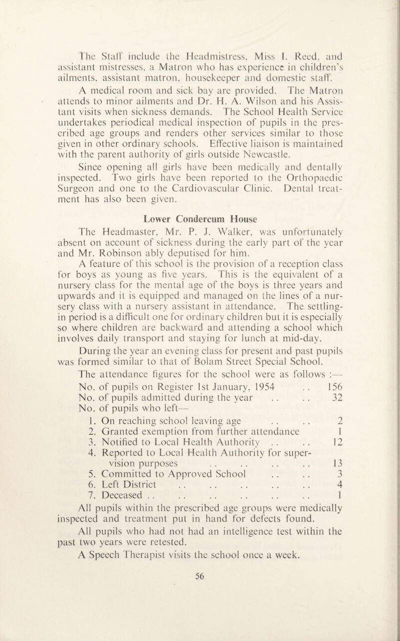 The Staff include the Headmistress, Miss L Reed, and assistant mistresses, a Matron who has experience in children’s ailments, assistant matron, housekeeper and domestic staff. A medical room and sick bay are provided. The Matron attends to minor ailments and Dr. H. A. Wilson and his Assis¬ tant visits when sickness demands. The School Health Service undertakes periodical medical inspection of pupils in the pres¬ cribed age groups and renders other services similar to those given in other ordinary schools. Effective liaison is maintained with the parent authority of girls outside Newcastle. Since opening all girls have been medically and dentally inspected. Two girls have been reported to the Orthopaedic Surgeon and one to the Cardiovascular Clinic. Dental treat¬ ment has also been given. Lower Condereum House The Headmaster, Mr. P. J. Walker, was unfortunately absent on account of sickness during the early part of the year and Mr. Robinson ably deputised for him. A feature of this school is the provision of a reception class for boys as young as five years. This is the equivalent of a nursery class for the mental age of the boys is three years and upwards and it is equipped and managed on the lines of a nur¬ sery class with a nursery assistant in attendance. The settling- in period is a difficult one for ordinary children but it is especially so where children are backward and attending a school which involves daily transport and staying for lunch at mid-day. During the year an evening class for present and past pupils was formed similar to that of Bolam Street Special School. The attendance figures for the school were as follows :— No. of pupils on Register 1st January, 1954 . . 156 No. of pupils admitted during the year . . . . 32 No. of pupils who left— 1. On reaching school leaving age . . .. 2 2. Granted exemption from further attendance 1 3. Notified to Local Health Authority . . . . 12 4. Reported to Local Health Authority for super¬ vision purposes .. .. .. 13 5. Committed to Approved School . . .. 3 6. Left District . . . . . . . . . . 4 7. Deceased . . . . . . . . .. . . I All pupils within the prescribed age groups were medically inspected and treatment put in hand for defects found. All pupils who had not had an intelligence test within the past two years were retested. A Speech Therapist visits the school once a week.