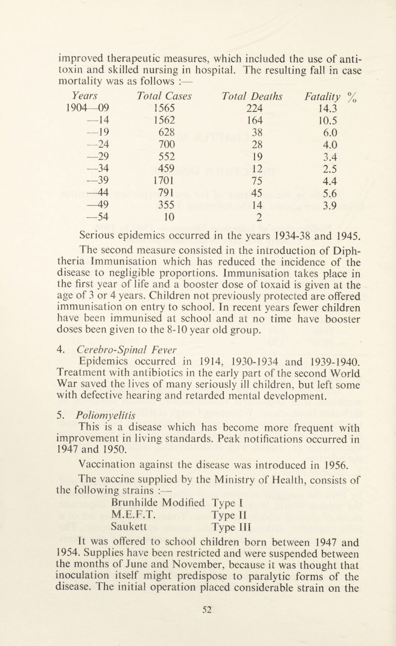 improved therapeutic measures, which included the use of anti¬ toxin and skilled nursing in hospital. The resulting fall in case mortality was as follows :— 1904 7 rs Total Cases Total Deaths Fatality % [ 09 1565 224 14.3 —14 1562 164 10.5 —19 628 38 6.0 —24 700 28 4.0 —29 552 19 3.4 —34 459 12 2.5 —39 1701 75 4.4 —44 791 45 5.6 49 355 14 3.9 —54 10 2 Serious epidemics occurred in the years 1934-38 and 1945. The second measure consisted in the introduction of Diph¬ theria Immunisation which has reduced the incidence of the disease to negligible proportions. Immunisation takes place in the first year of life and a booster dose of toxaid is given at the age of 3 or 4 years. Children not previously protected are offered immunisation on entry to school. In recent years fewer children have been immunised at school and at no time have booster doses been given to the 8-10 year old group. 4. Cerebro-Spinal Fever Epidemics occurred in 1914, 1930-1934 and 1939-1940. Treatment with antibiotics in the early part of the second World War saved the lives of many seriously ill children, but left some with defective hearing and retarded mental development. 5. Poliomyelitis This is a disease which has become more frequent with improvement in living standards. Peak notifications occurred in 1947 and 1950. Vaccination against the disease was introduced in 1956. The vaccine supplied by the Ministry of Health, consists of the following strains :— Brunhilde Modified Type I M.E.F.T. Type II Saukett Type III It was offered to school children born between 1947 and 1954. Supplies have been restricted and were suspended between the months of June and November, because it was thought that inoculation itself might predispose to paralytic forms of the disease. The initial operation placed considerable strain on the
