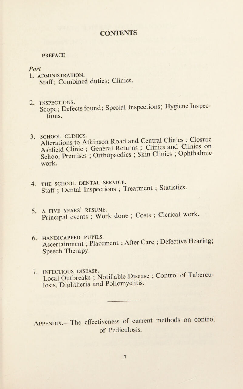 CONTENTS PREFACE Part 1. ADMINISTRATION. Staff; Combined duties; Clinics. 2. INSPECTIONS. . TT . T Scope; Defects found; Special Inspections; Hygiene Ins pec tions. 3. SCHOOL CLINICS. . Alterations to Atkinson Road and Central Clinics ; Closure Ashfield Clinic ; General Returns ; Clinics and C1in*cs on School Premises ; Orthopaedics ; Skin Clinics ; Ophthalmic work. 4. THE SCHOOL DENTAL SERVICE. Staff ; Dental Inspections ; Treatment ; Statistics. 5. A FIVE YEARS’ RESUME. . . Principal events ; Work done ; Costs ; Clerical work 6. HANDICAPPED PUPILS. Ascertainment ; Placement ; After Care Speech Therapy. Defective Hearing; 7. INFECTIOUS DISEASE. i r-r u Local Outbreaks ; Notifiable Disease ; Control of Tubercu¬ losis, Diphtheria and Poliomyelitis. Appendix.—The effectiveness of current methods on control of Pediculosis.