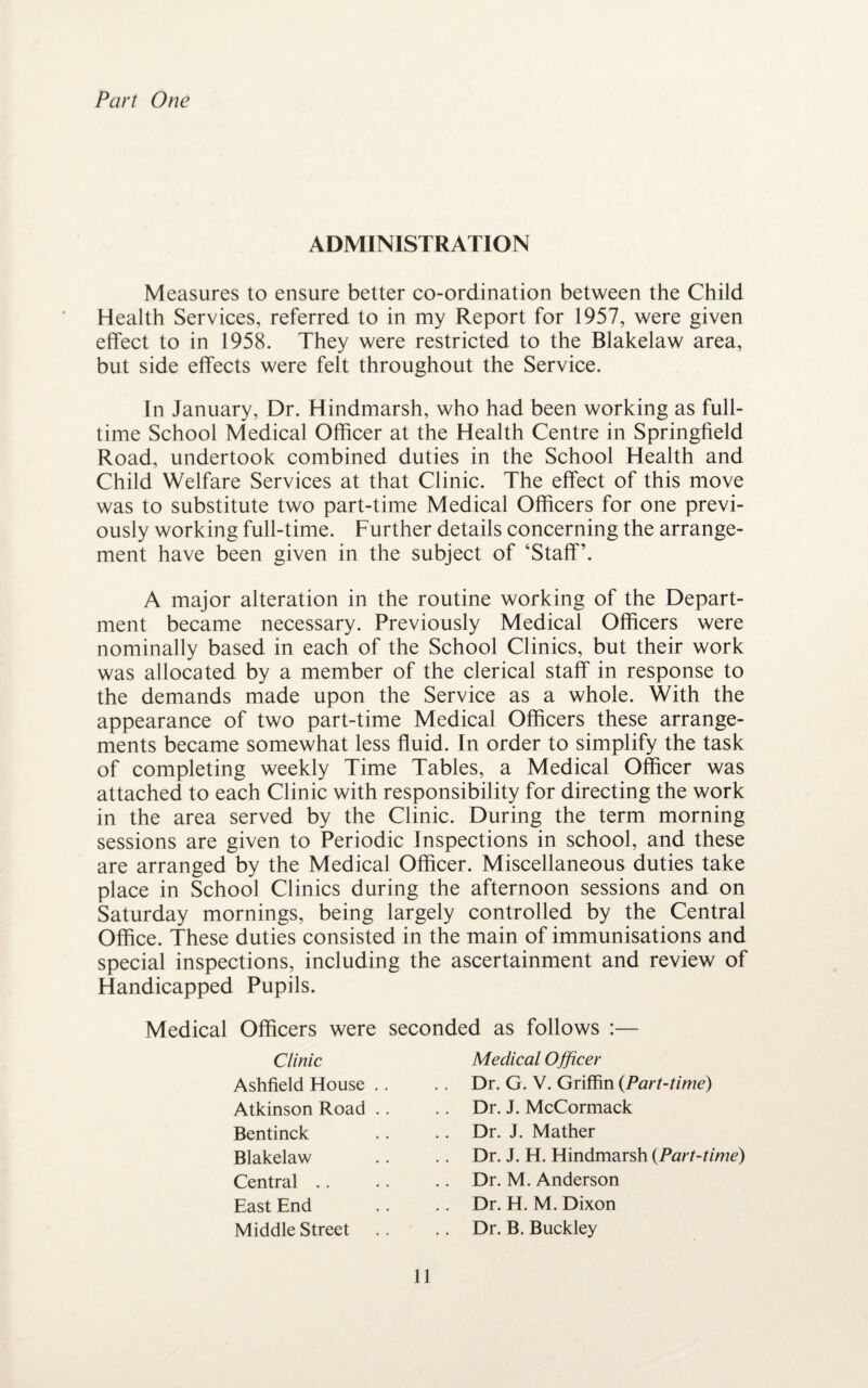 Part One ADMINISTRATION Measures to ensure better co-ordination between the Child Health Services, referred to in my Report for 1957, were given effect to in 1958. They were restricted to the Blakelaw area, but side effects were felt throughout the Service. In January, Dr. Hindmarsh, who had been working as full¬ time School Medical Officer at the Health Centre in Springfield Road, undertook combined duties in the School Health and Child Welfare Services at that Clinic. The effect of this move was to substitute two part-time Medical Officers for one previ¬ ously working full-time. Further details concerning the arrange¬ ment have been given in the subject of ‘Staff’. A major alteration in the routine working of the Depart¬ ment became necessary. Previously Medical Officers were nominally based in each of the School Clinics, but their work was allocated by a member of the clerical staff in response to the demands made upon the Service as a whole. With the appearance of two part-time Medical Officers these arrange¬ ments became somewhat less fluid. In order to simplify the task of completing weekly Time Tables, a Medical Officer was attached to each Clinic with responsibility for directing the work in the area served by the Clinic. During the term morning sessions are given to Periodic Inspections in school, and these are arranged by the Medical Officer. Miscellaneous duties take place in School Clinics during the afternoon sessions and on Saturday mornings, being largely controlled by the Central Office. These duties consisted in the main of immunisations and special inspections, including the ascertainment and review of Handicapped Pupils. Medical Officers were seconded as follows :— Bentinck Blakelaw Central East End Clinic Ashfield House .. Atkinson Road .. Middle Street Medical Officer Dr. G. V. Griffin (Part-time) Dr. J. McCormack Dr. J. Mather Dr. J. H. Hindmarsh (Part-time) Dr. M. Anderson Dr. H. M. Dixon Dr. B. Buckley