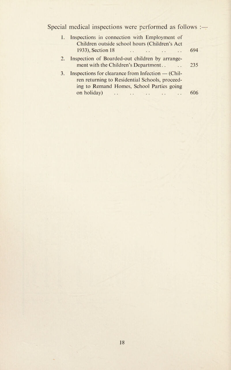 Special medical inspections were performed as follows 1. Inspections in connection with Employment of Children outside school hours (Children’s Act 1933), Section 18 .694 2. Inspection of Boarded-out children by arrange¬ ment with the Children’s Department.. .. 235 3. Inspections for clearance from Infection — (Chil- ren returning to Residential Schools, proceed¬ ing to Remand Homes, School Parties going on holiday) .. .. .. .. .. 606